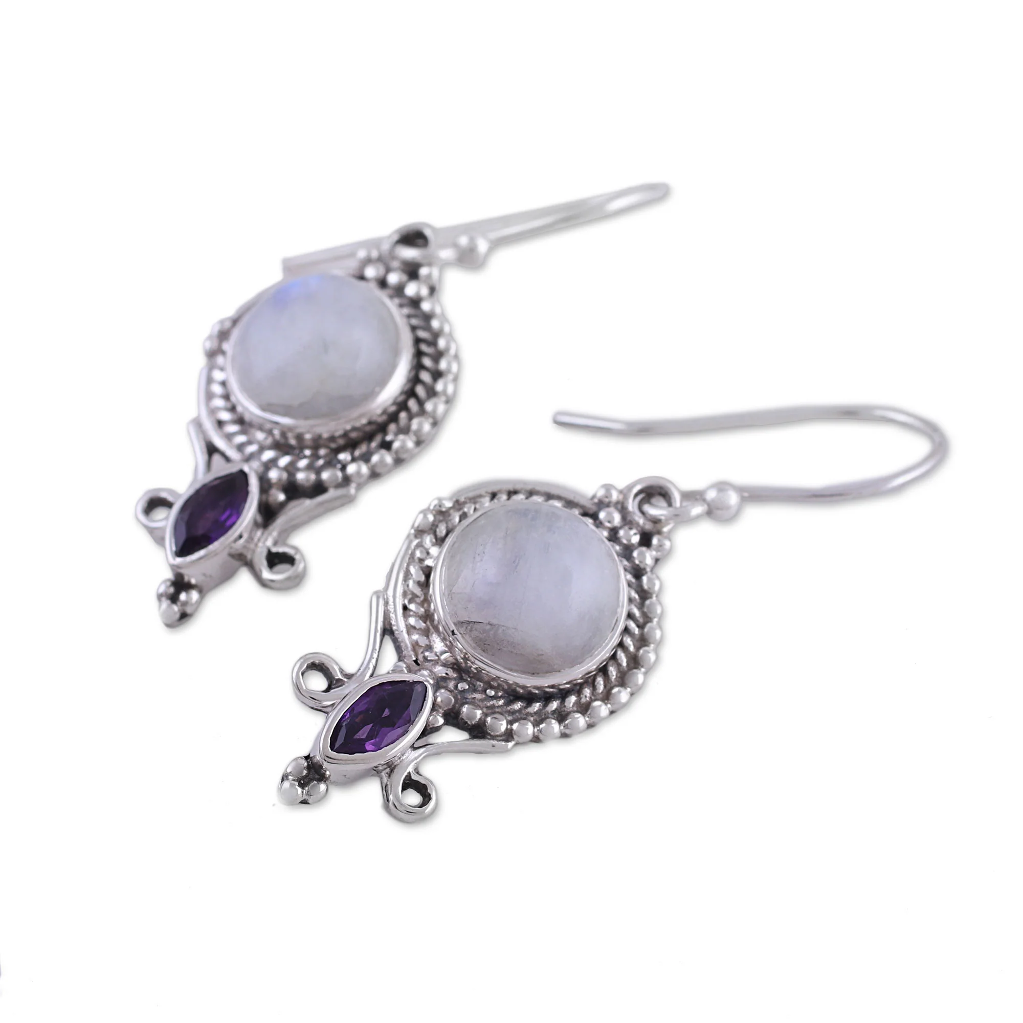 Majestic Windows Rainbow Moonstone and Amethyst Dangle Earrings from India - Image 5