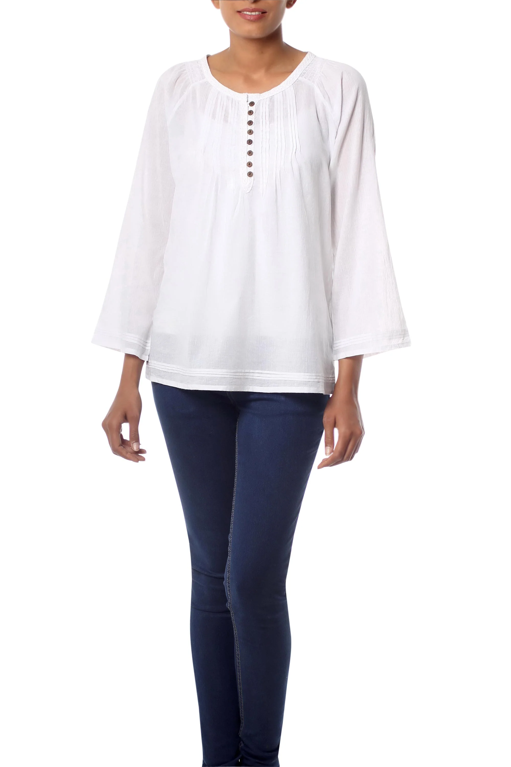 Mandala White Handcrafted Indian Cotton Solid Tunic Top - Image 2