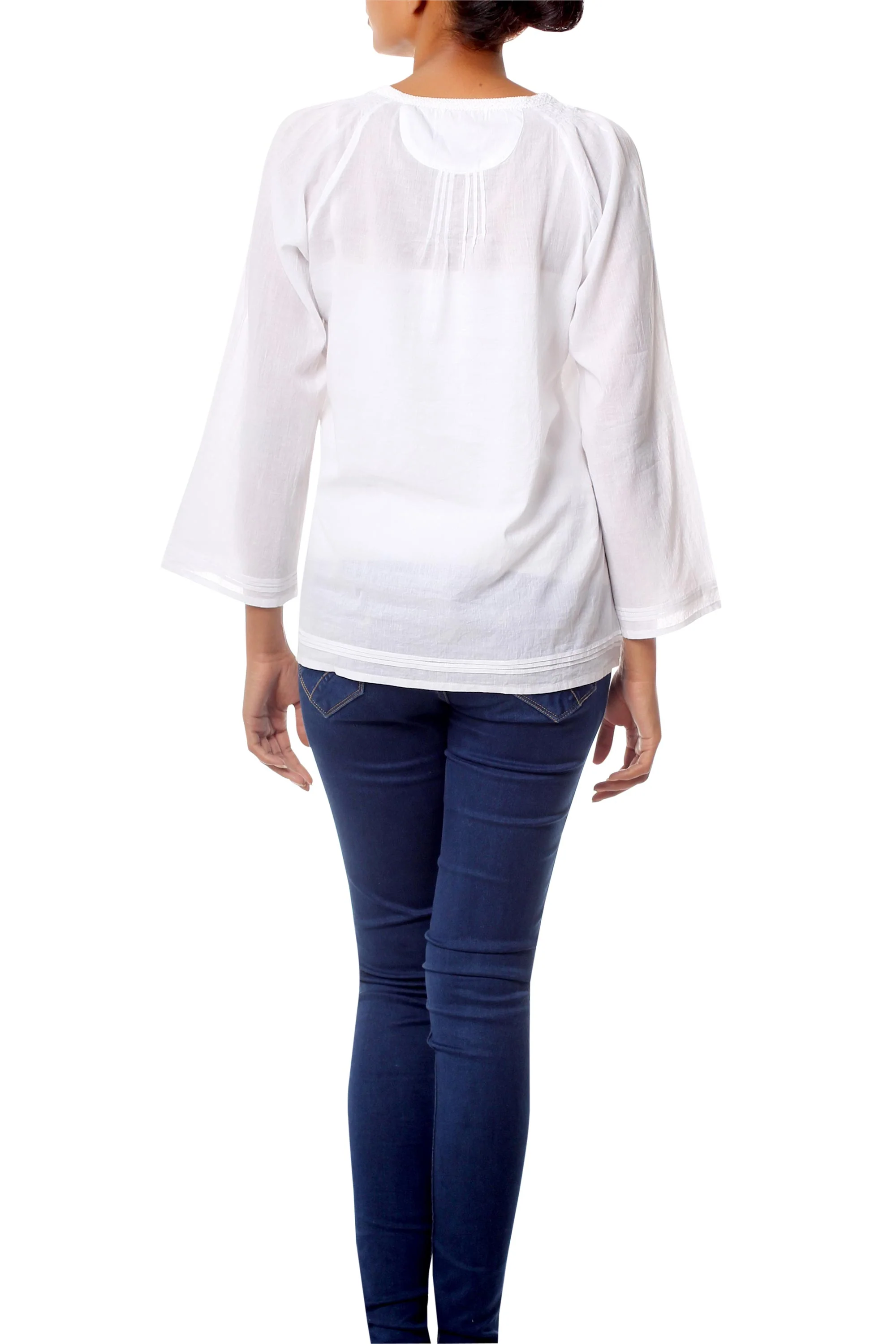 Mandala White Handcrafted Indian Cotton Solid Tunic Top - Image 3