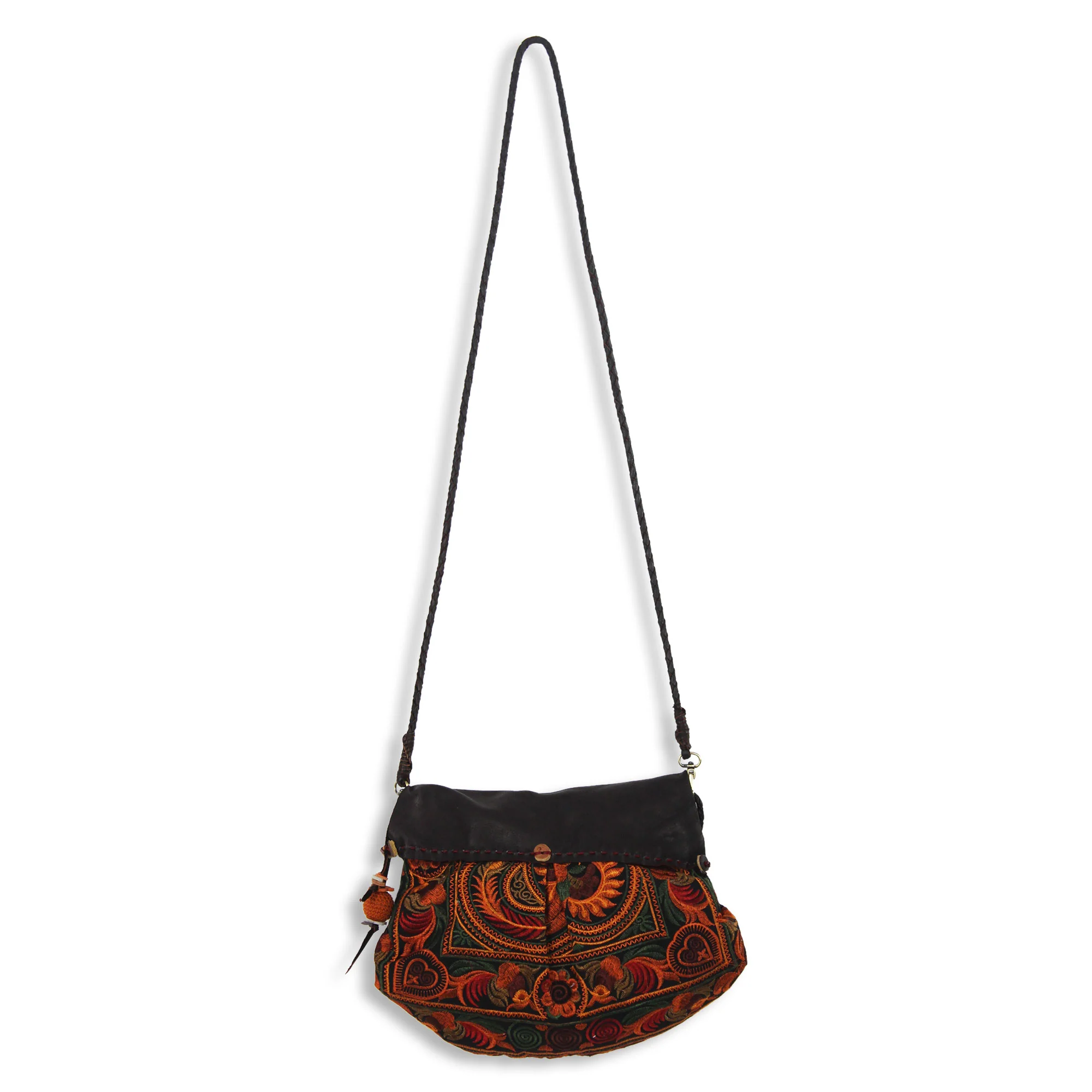 Mandarin Smile Leather Accent Embroidered Hill Tribe Shoulder Bag with Flap - Image 2