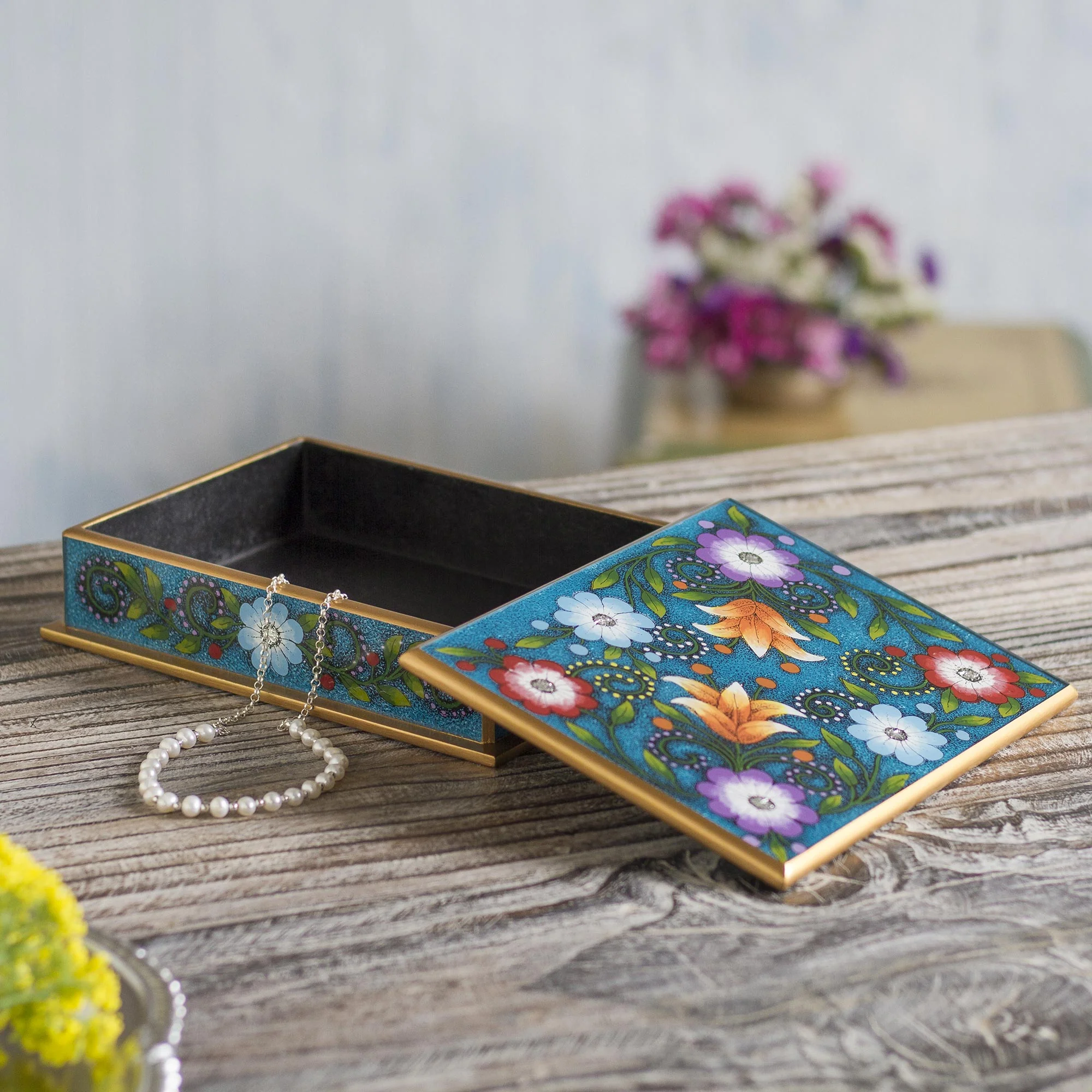 Margarita Garden in Blue Floral Reverse-Painted Glass Decorative Box in Blue - Image 3