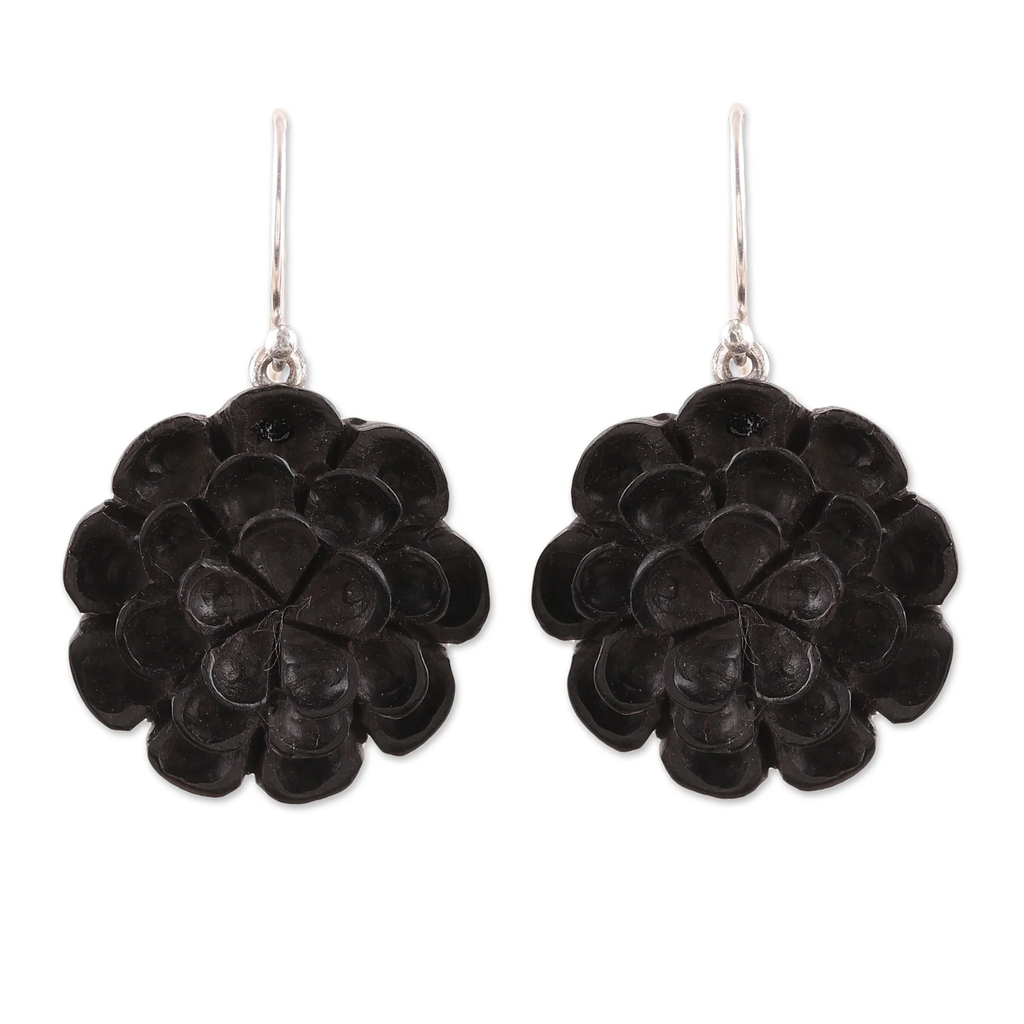 Marigold Shadow Hand-Carved Ebony Wood Marigold Dangle Earrings from India - Image 2