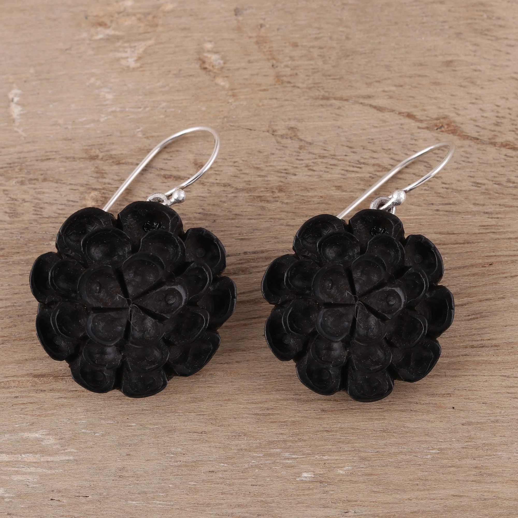Marigold Shadow Hand-Carved Ebony Wood Marigold Dangle Earrings from India - Image 3