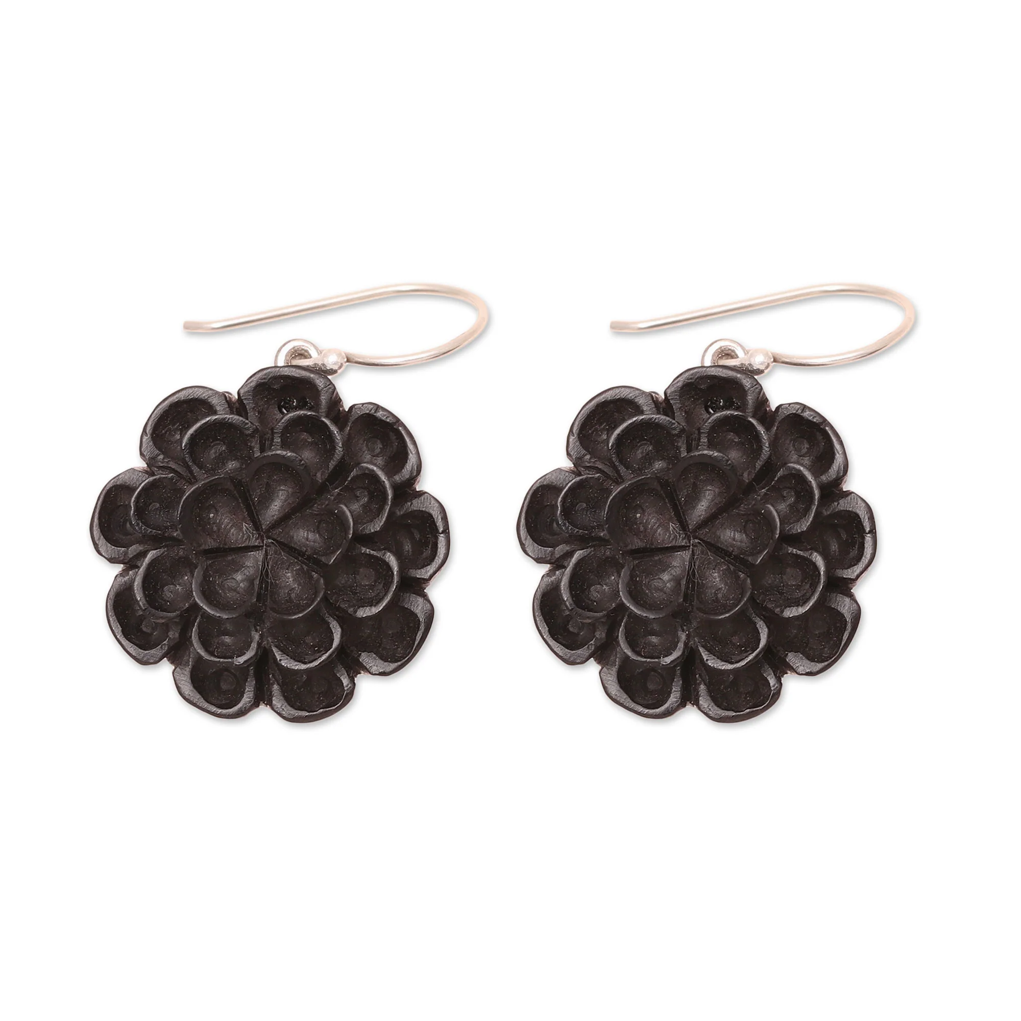 Marigold Shadow Hand-Carved Ebony Wood Marigold Dangle Earrings from India - Image 4