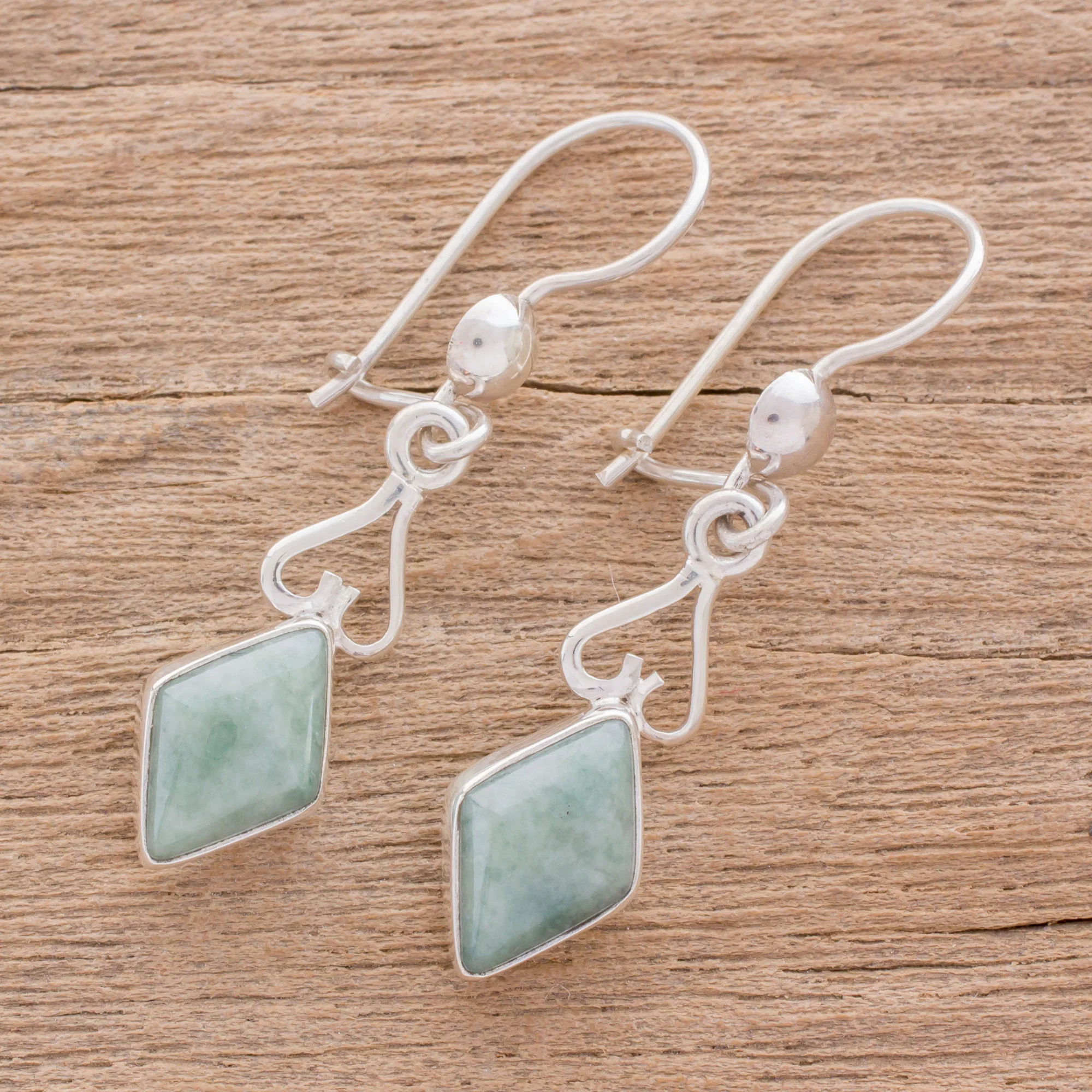 Marvelous Apple Green Diamonds Diamond-Shaped Apple Green Jade Earrings from Guatemala - Image 3
