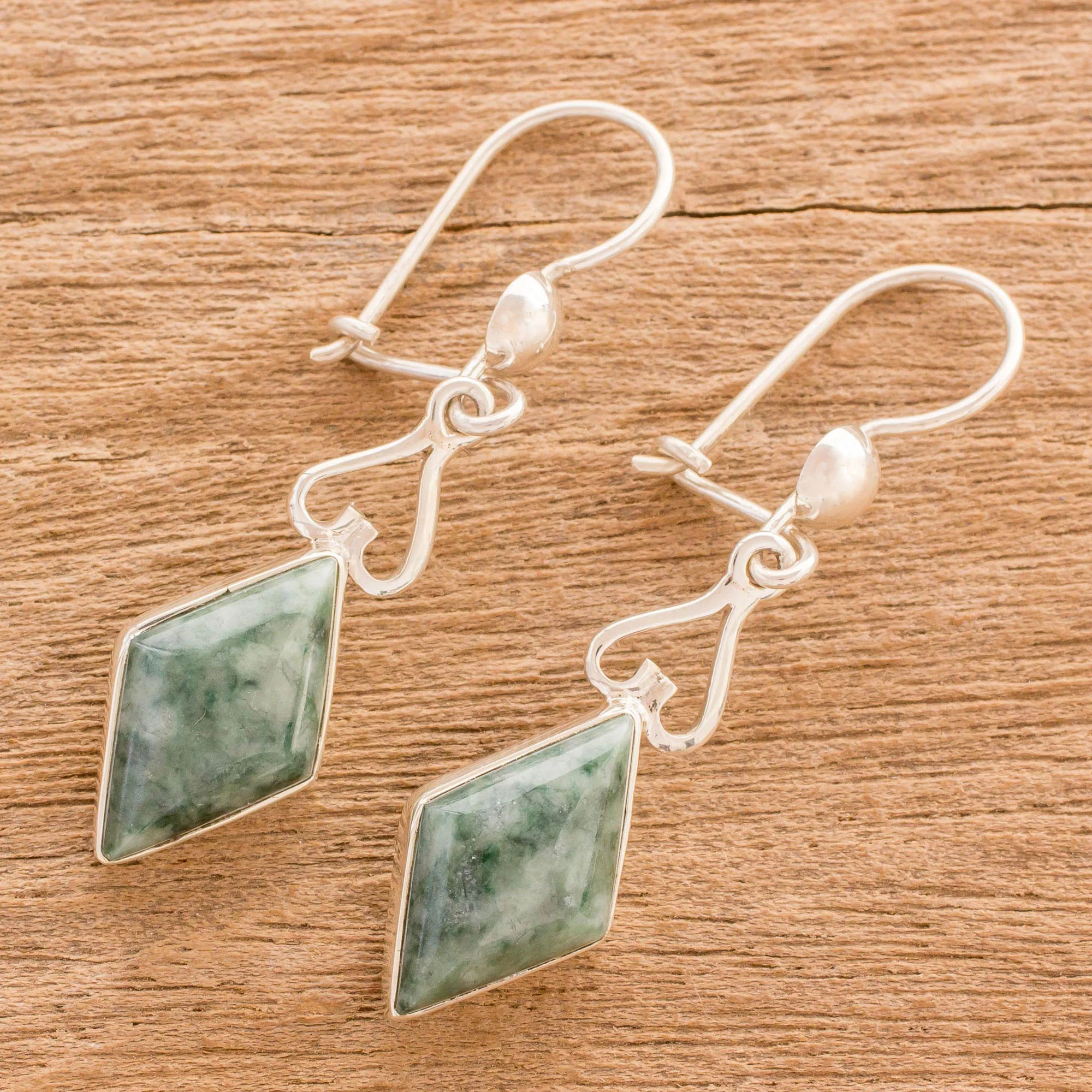 Marvelous Green Diamonds Diamond-Shaped Jade Dangle Earrings in Green from Guatemala - Image 3