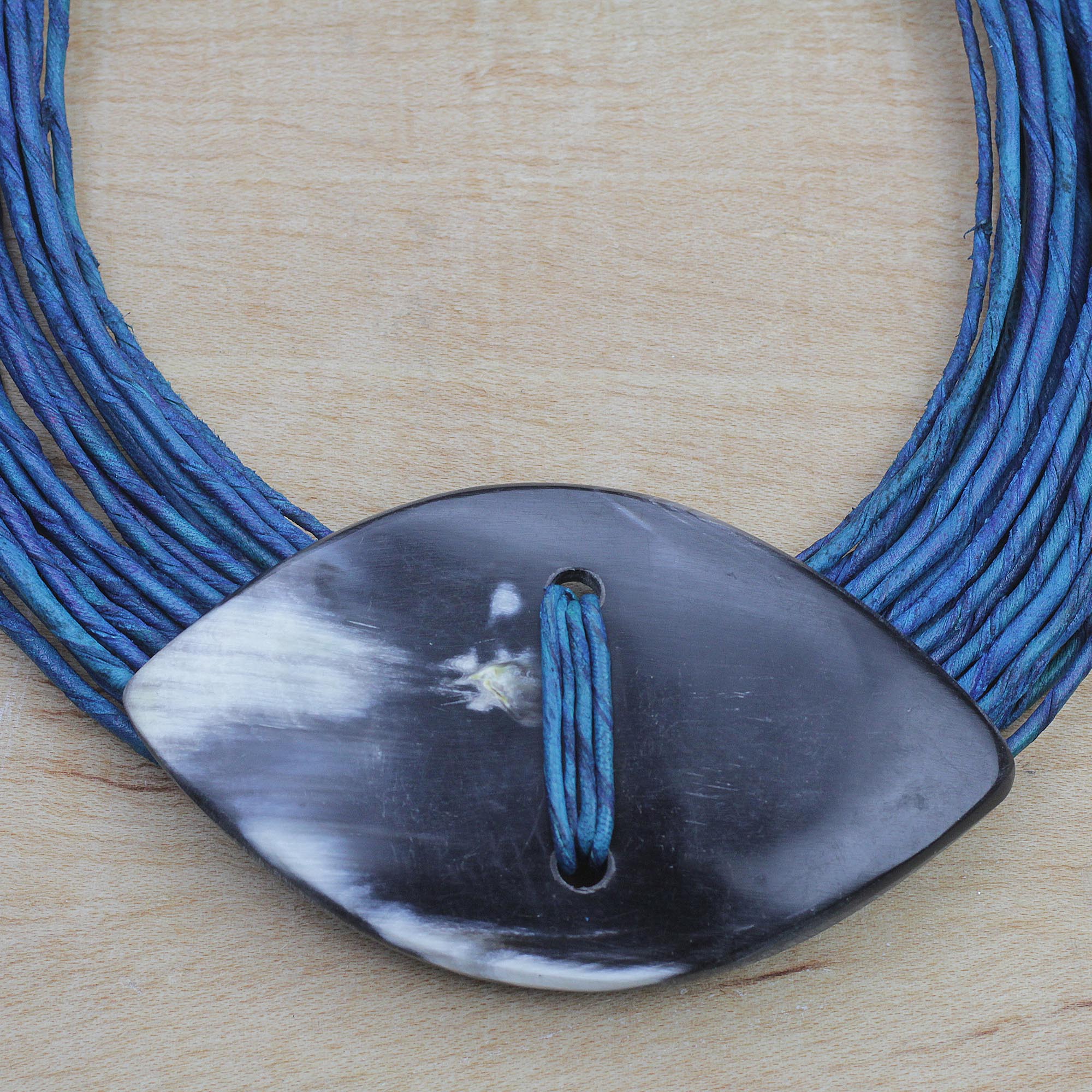 Masongo Ghanaian Blue Leather and Bone Statement Cord Necklace - Image 3
