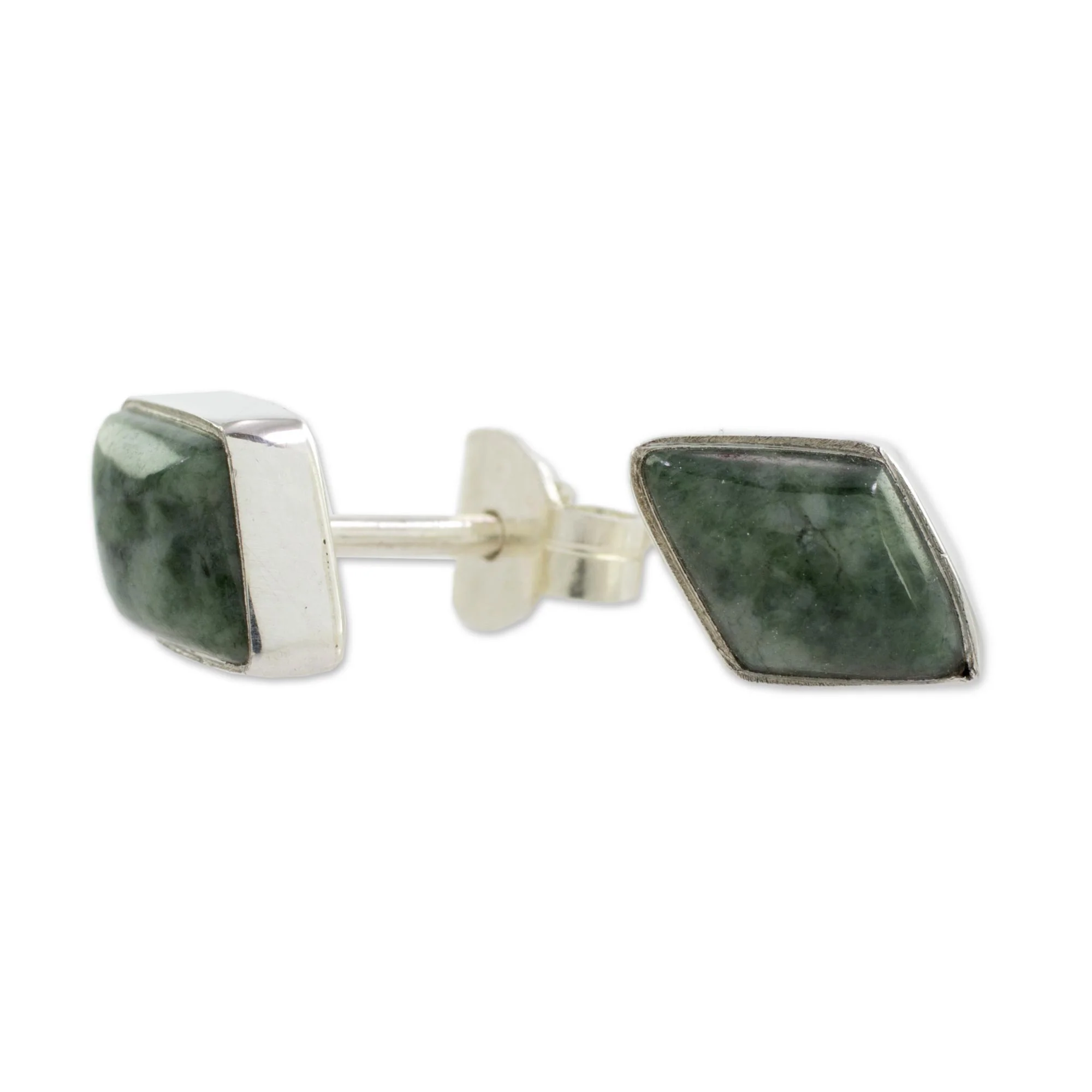 Mayan Elegance in Green Green Jade and 925 Silver Rhombus Earrings from Guatemala - Image 5