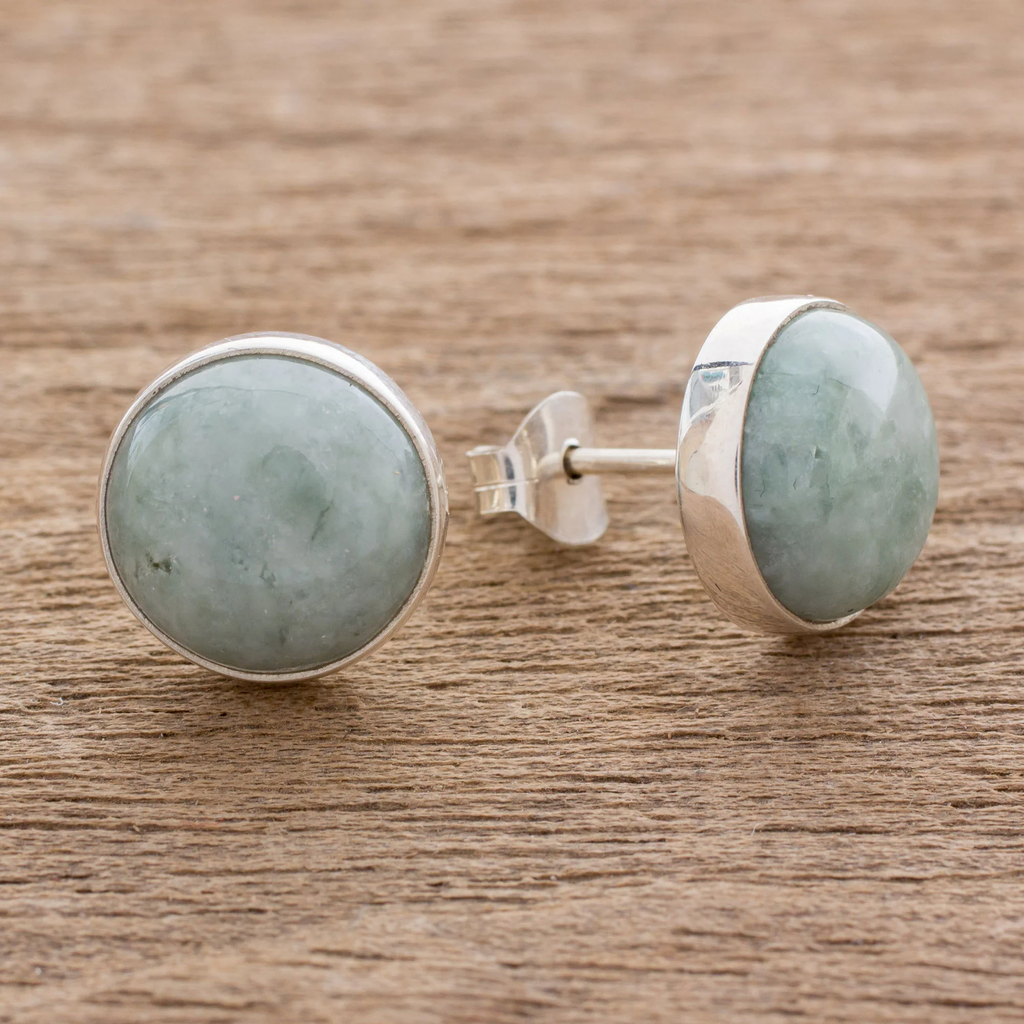 Mayan Harmony in Green Circular Light Green Guatemalan Jade Stud Earrings - Image 3