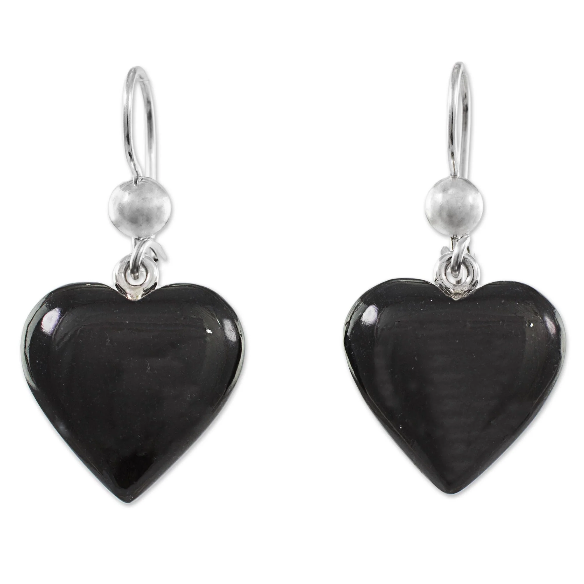 Mayan Heart in Black Black Heart Shaped Jade Silver Dangle Earrings Guatemala - Image 2