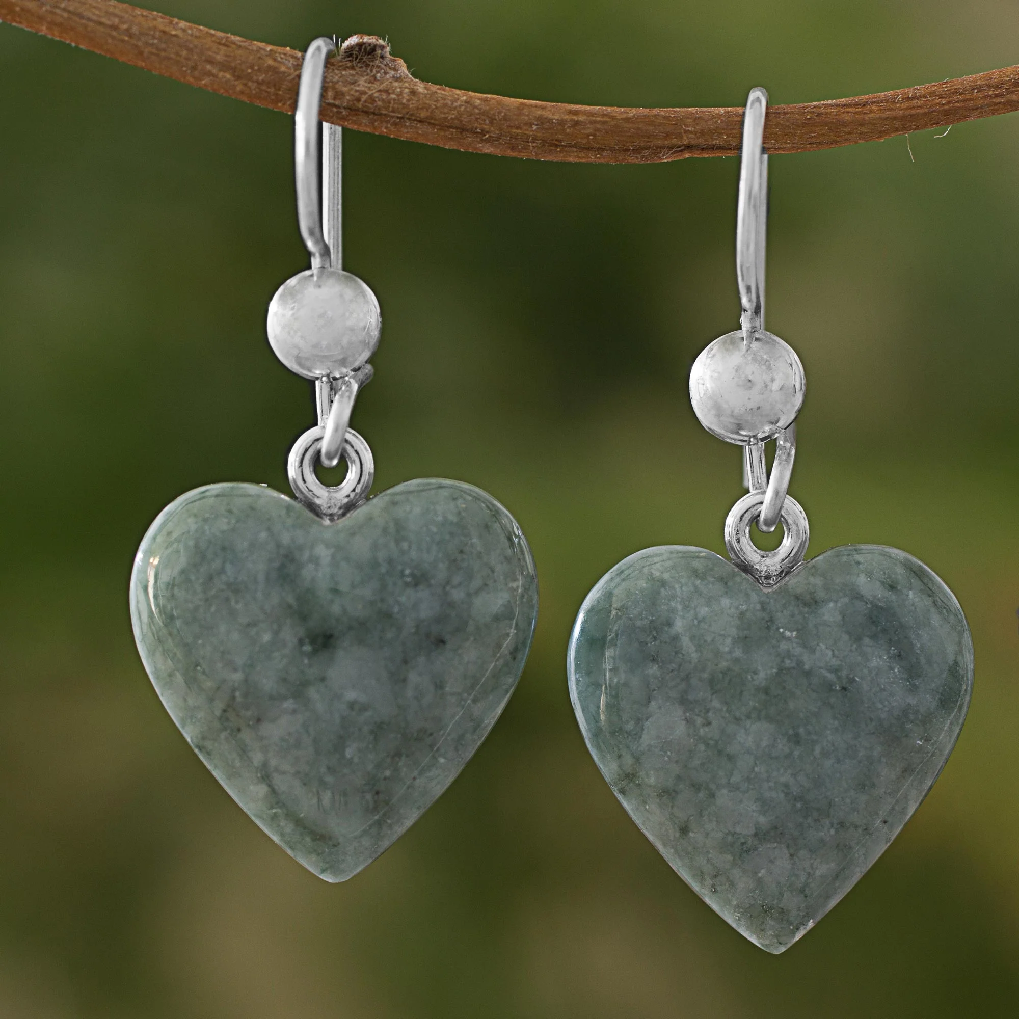 Mayan Heart in Green Green Heart Shaped Jade Silver Dangle Earrings Guatemala