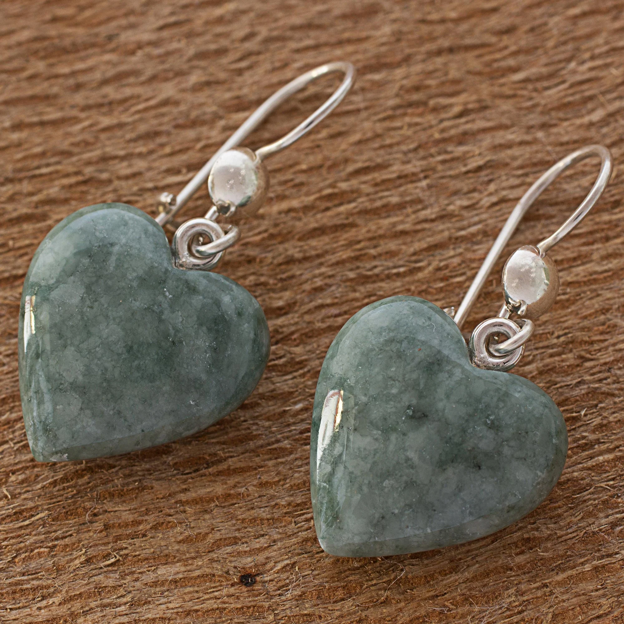 Mayan Heart in Green Green Heart Shaped Jade Silver Dangle Earrings Guatemala - Image 3