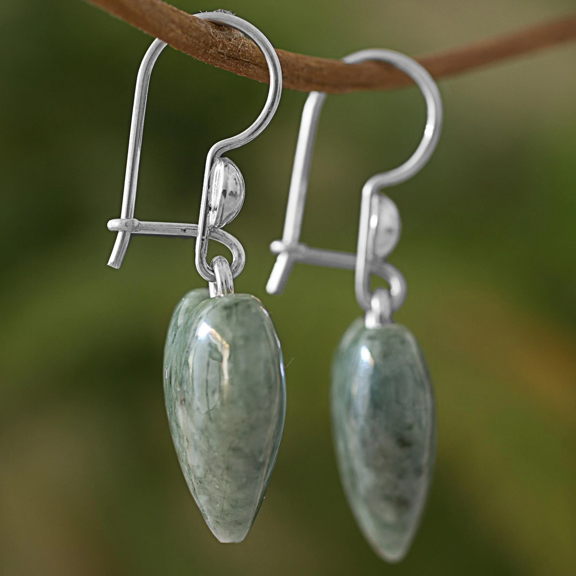 Mayan Heart in Green Green Heart Shaped Jade Silver Dangle Earrings Guatemala - Image 4
