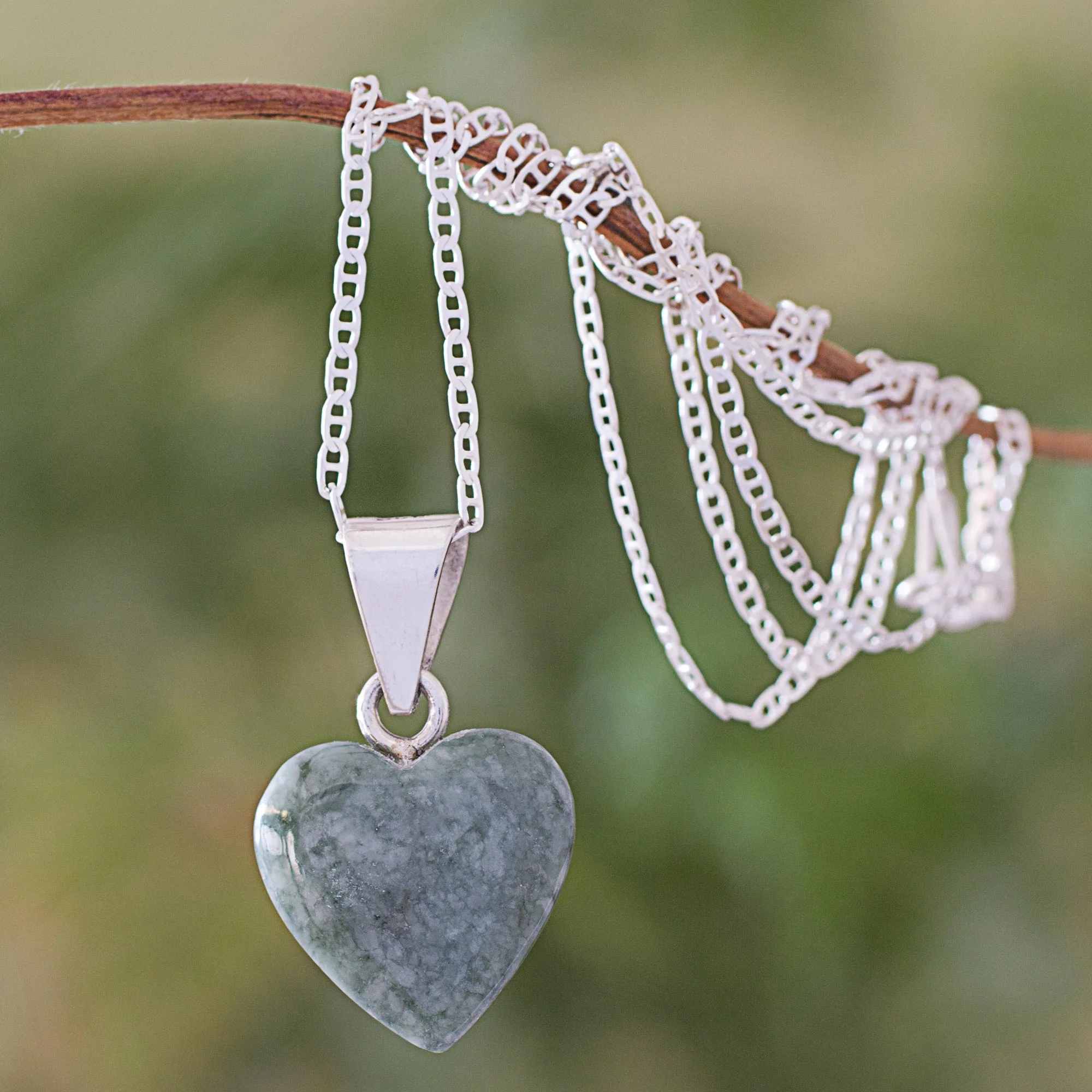 Mayan Heart in Light Green Jade & Silver Necklace - Image 3