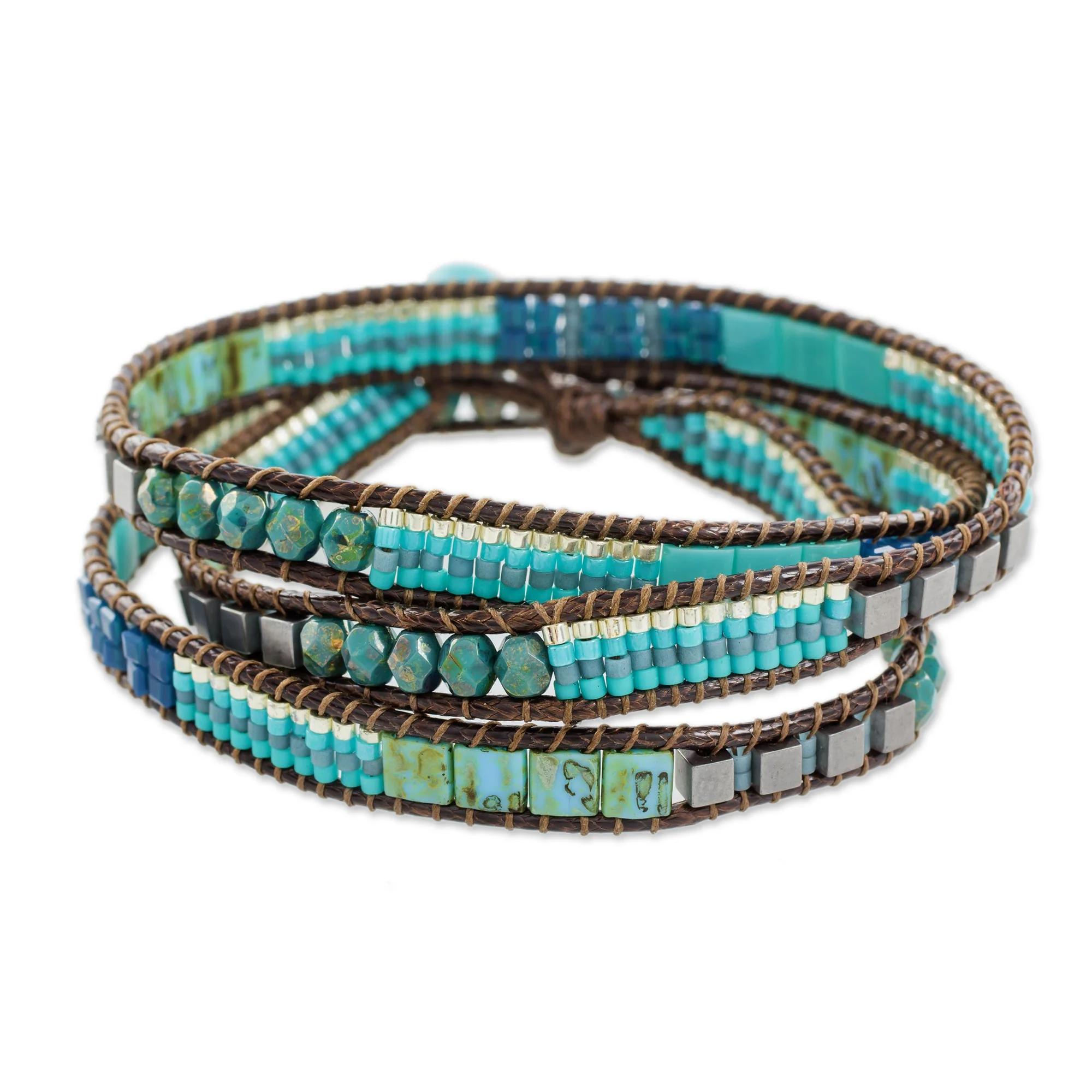 Mayan Monolith Glass Beaded Wrap Bracelet in Turquoise from Guatemala - Image 2