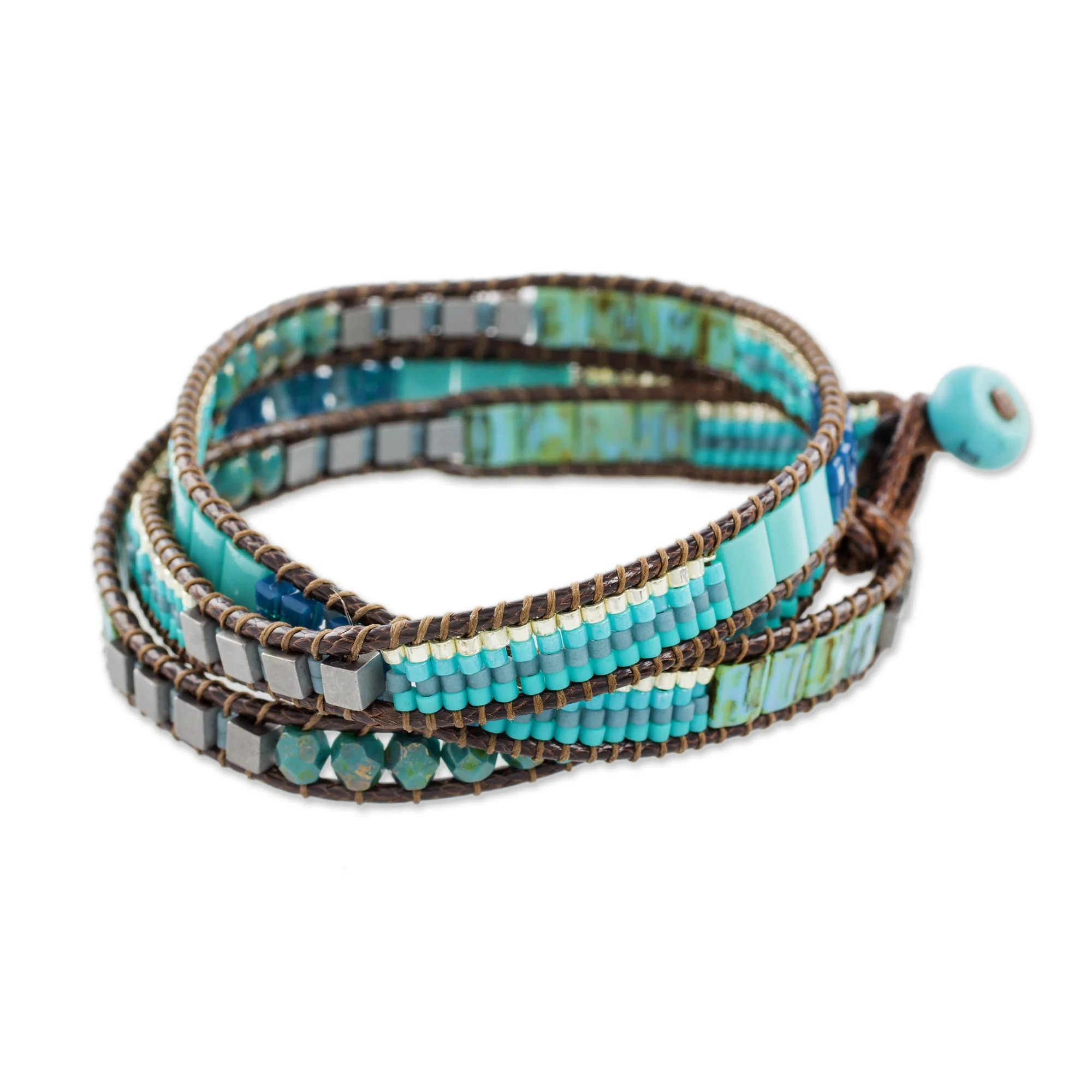 Mayan Monolith Glass Beaded Wrap Bracelet in Turquoise from Guatemala - Image 5