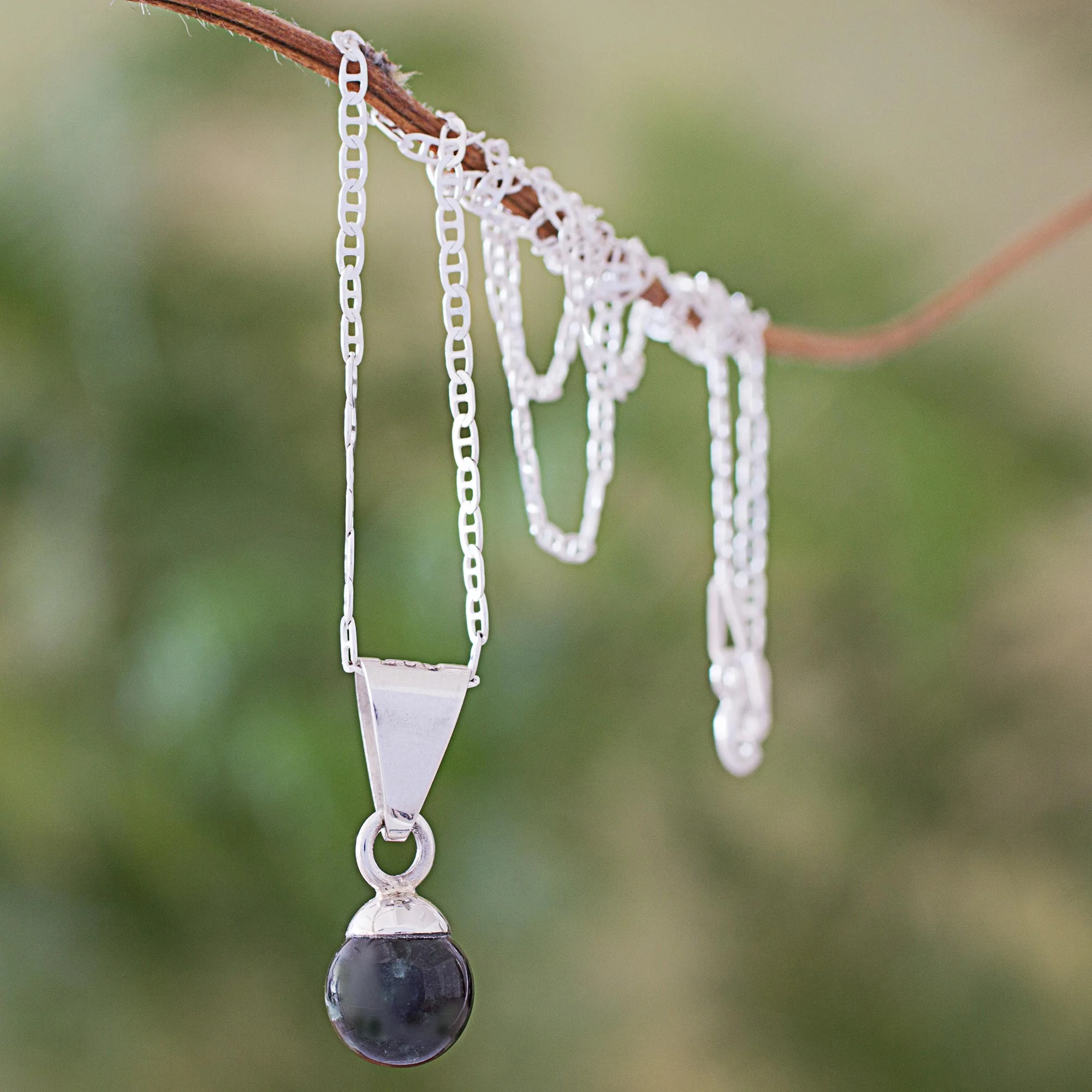 Mayan Moon in Dark Green Dark Green Jade Silver Pendant Necklace from Guatemala - Image 3
