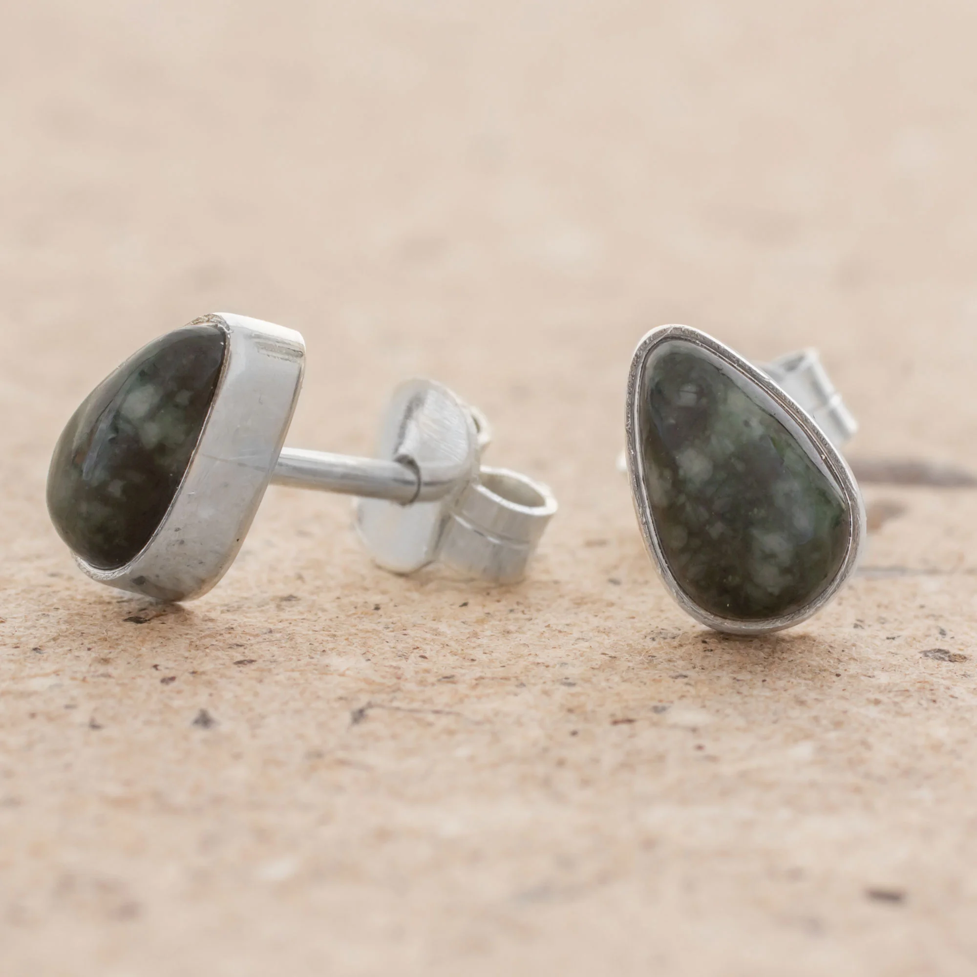 Mayan Teardrops in Dark Green Green Jade and 925 Silver Teardrop Earrings from Guatemala - Image 3