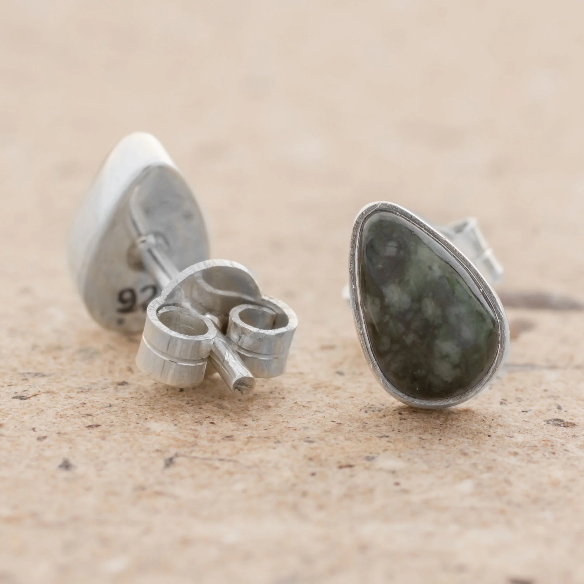 Mayan Teardrops in Dark Green Green Jade and 925 Silver Teardrop Earrings from Guatemala - Image 4