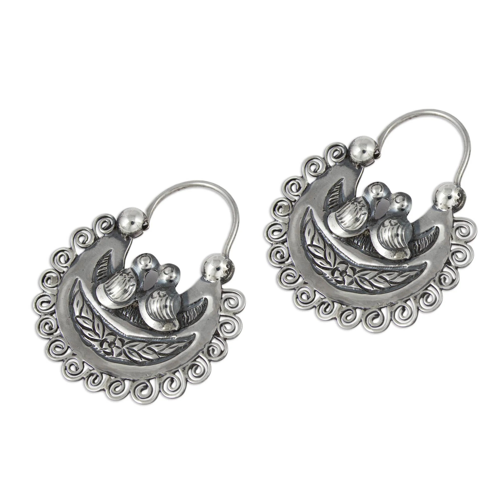 Mazahua Lovebirds Artisan Crafted Silver Mazahua Style Sterling Hoop Earrings - Image 3