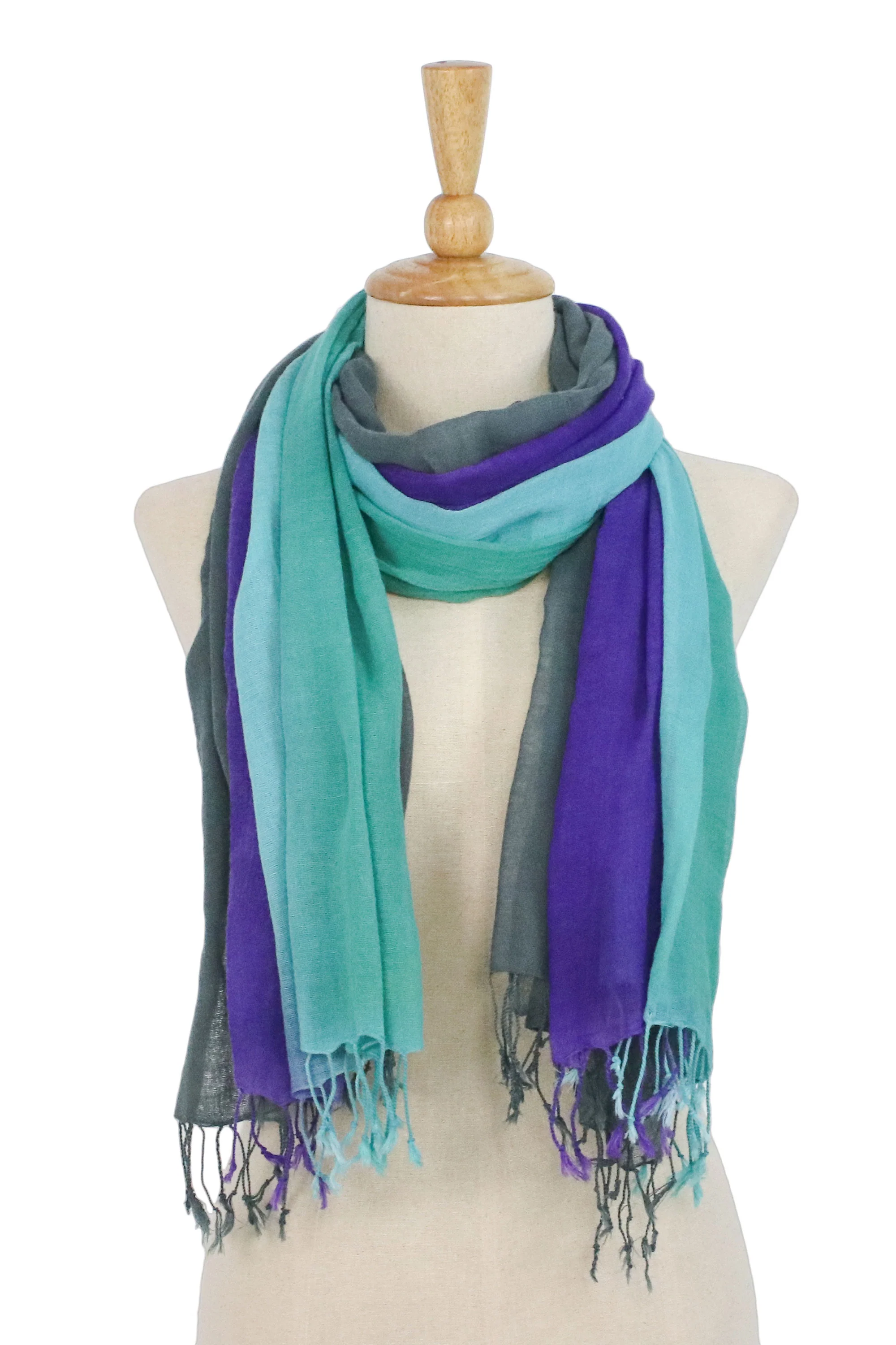 Meadow Breeze Fringed Striped Cotton Wrap Scarves from Thailand (Pair) - Image 4