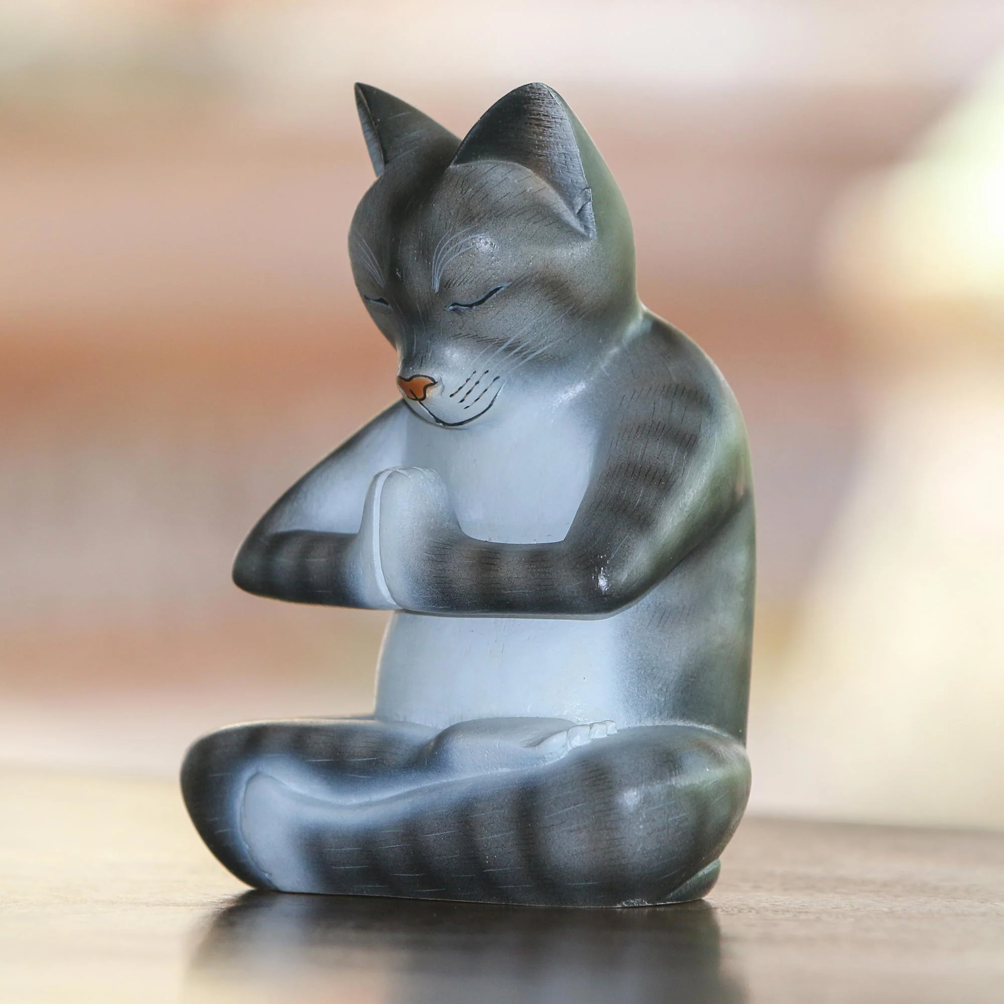 Meditating Kitty in Grey Wood Meditating Cat Sculpture in Grey and White from Bali - Image 3