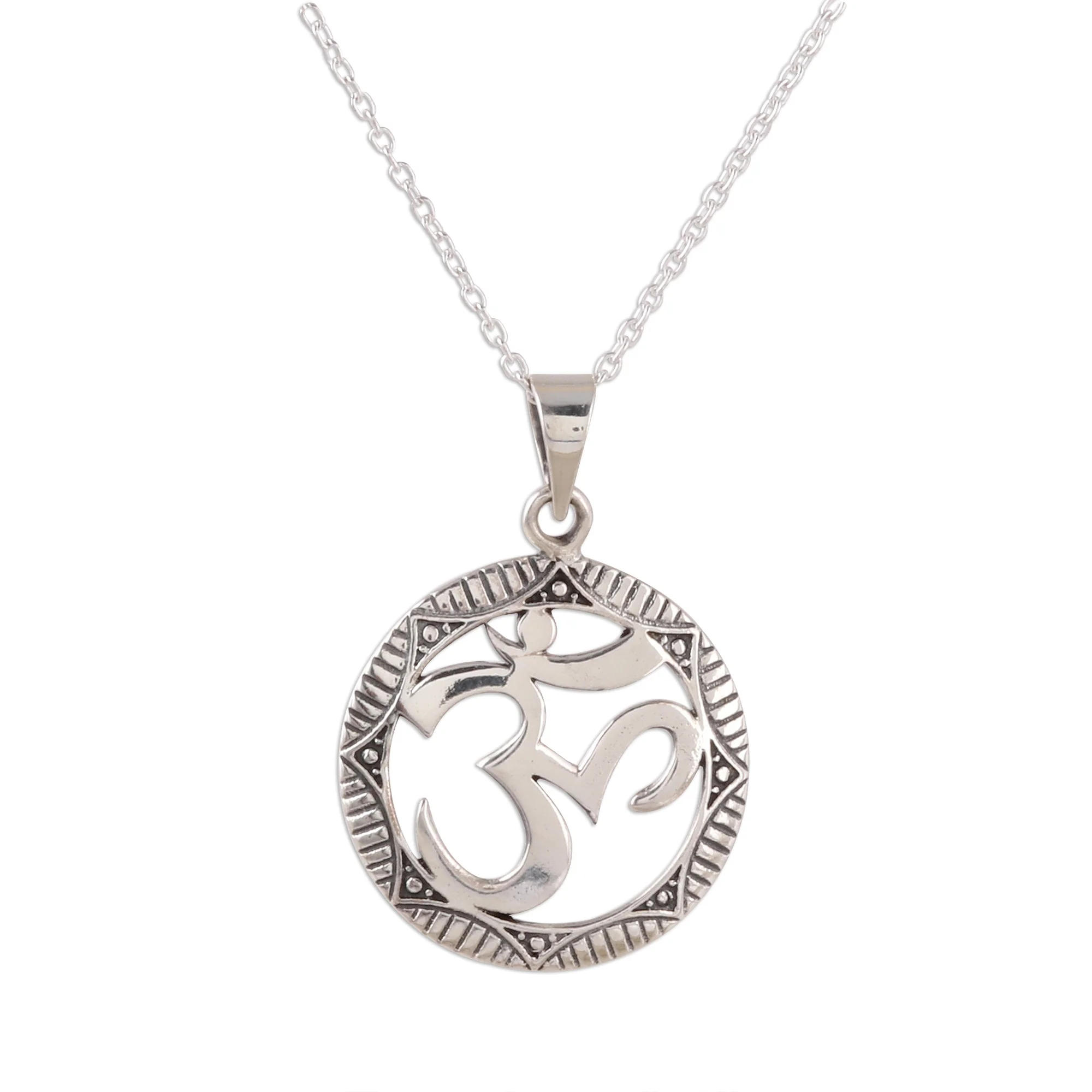 Meditative Medallion Sterling Silver Om Pendant Necklace from India - Image 2