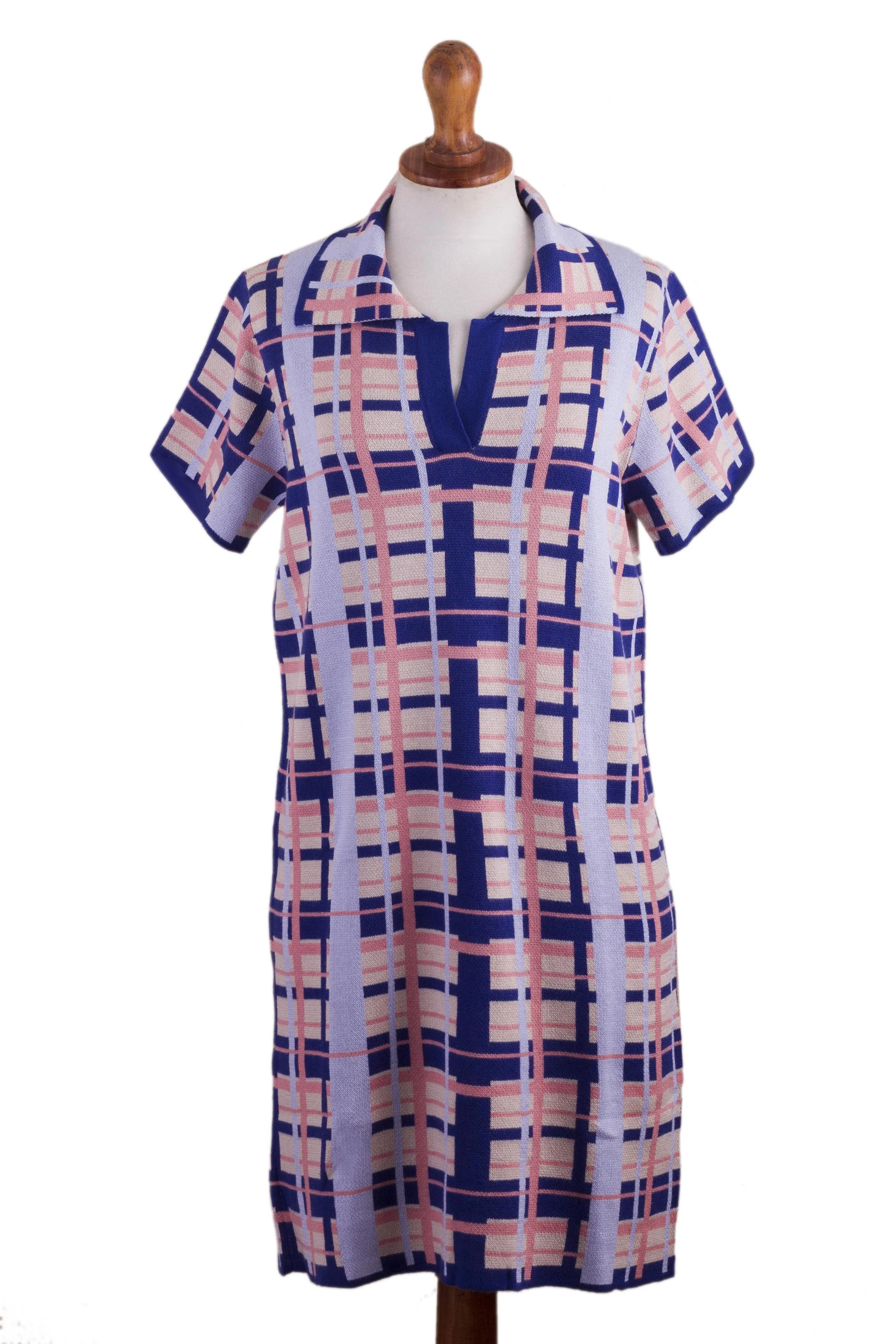 Melon Spring Hand Made Cotton Blend Plaid Polo Dress from Peru - Image 2