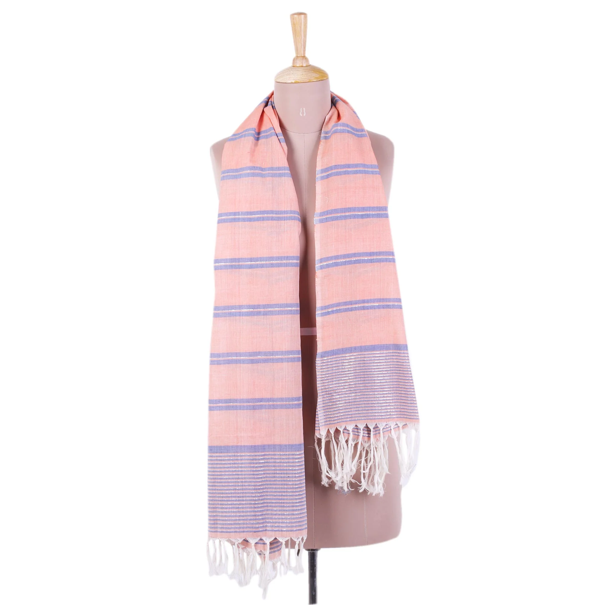 Melon Stripes Hand Woven Peach Cotton Scarf with Blue Stripes from India - Image 3
