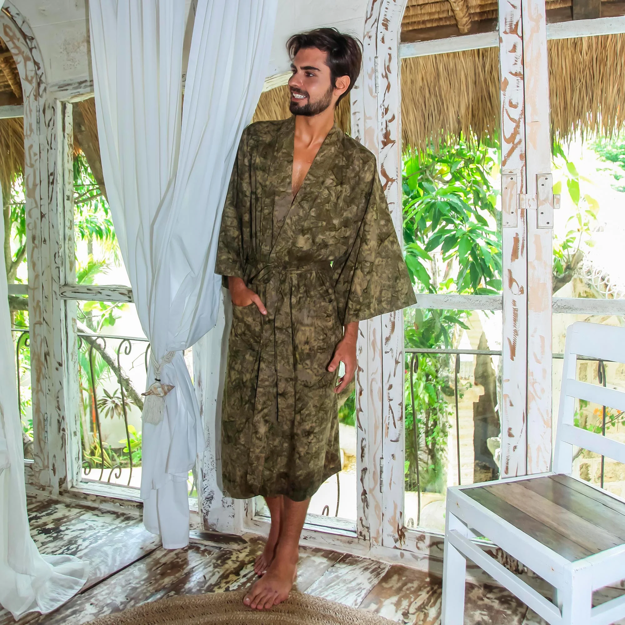 Men's Green Moss Printed Robe - Image 4