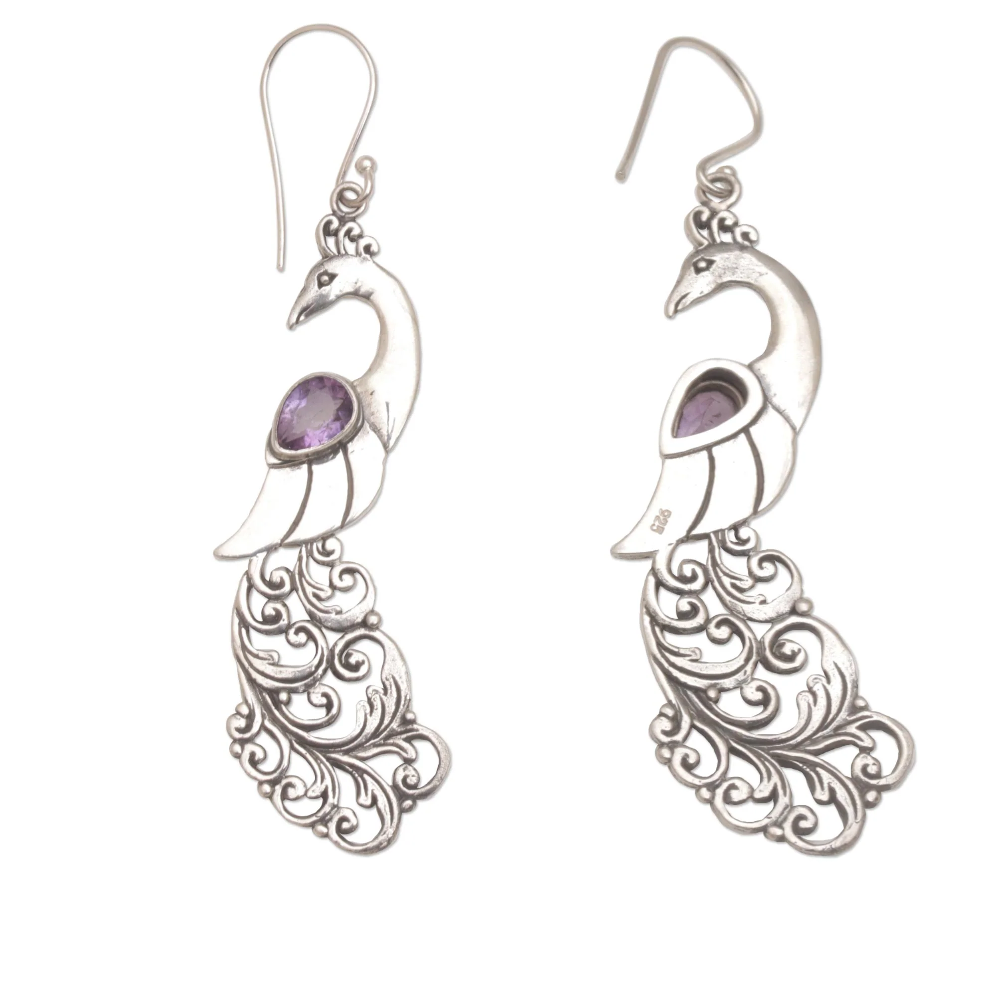 Merak Amethyst and Sterling Silver Peafowl Dangle Earrings - Image 5