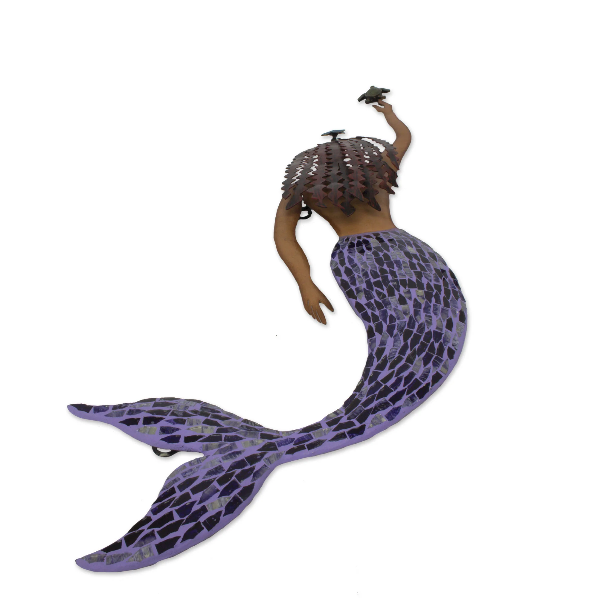 Mermaid and Turtle Handmade Iron and Glass Mosaic Mermaid Wall Sculpture - Image 3