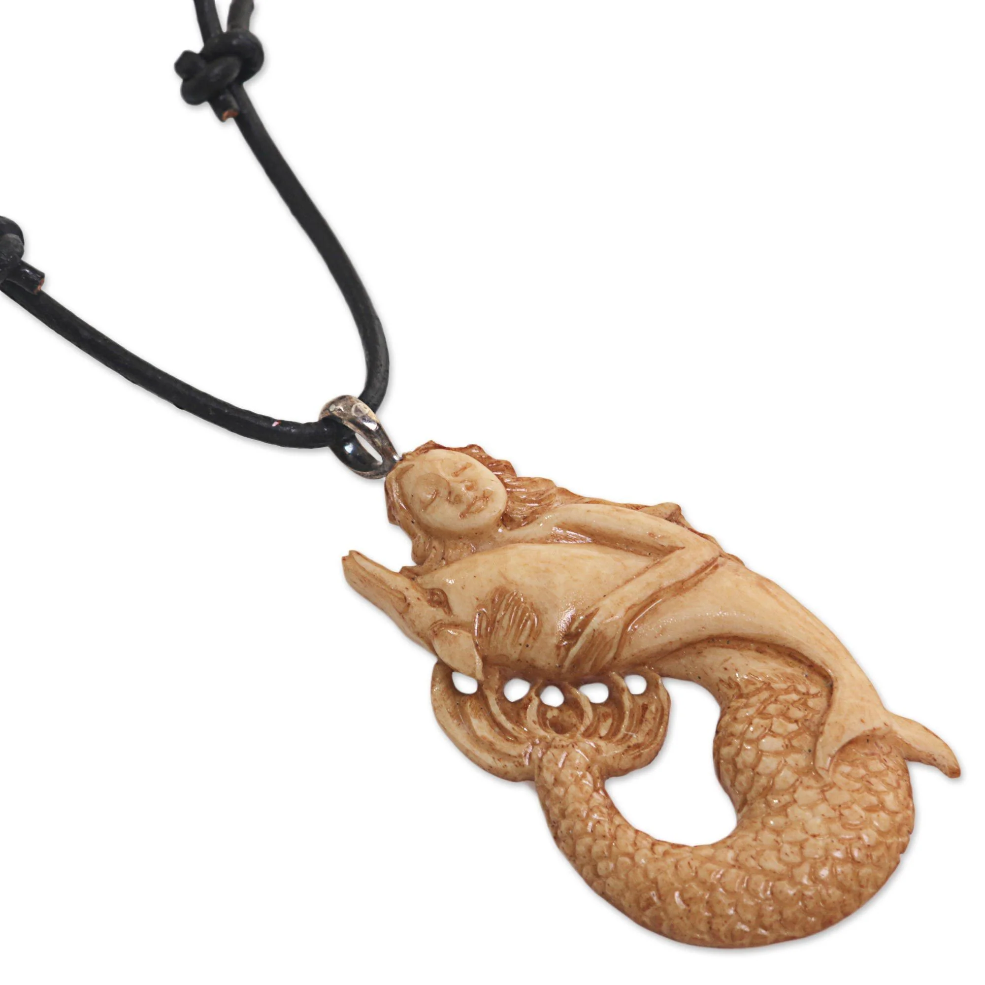 Mermaid & Dolphin Hand-Carved Pendant Necklace - Image 4