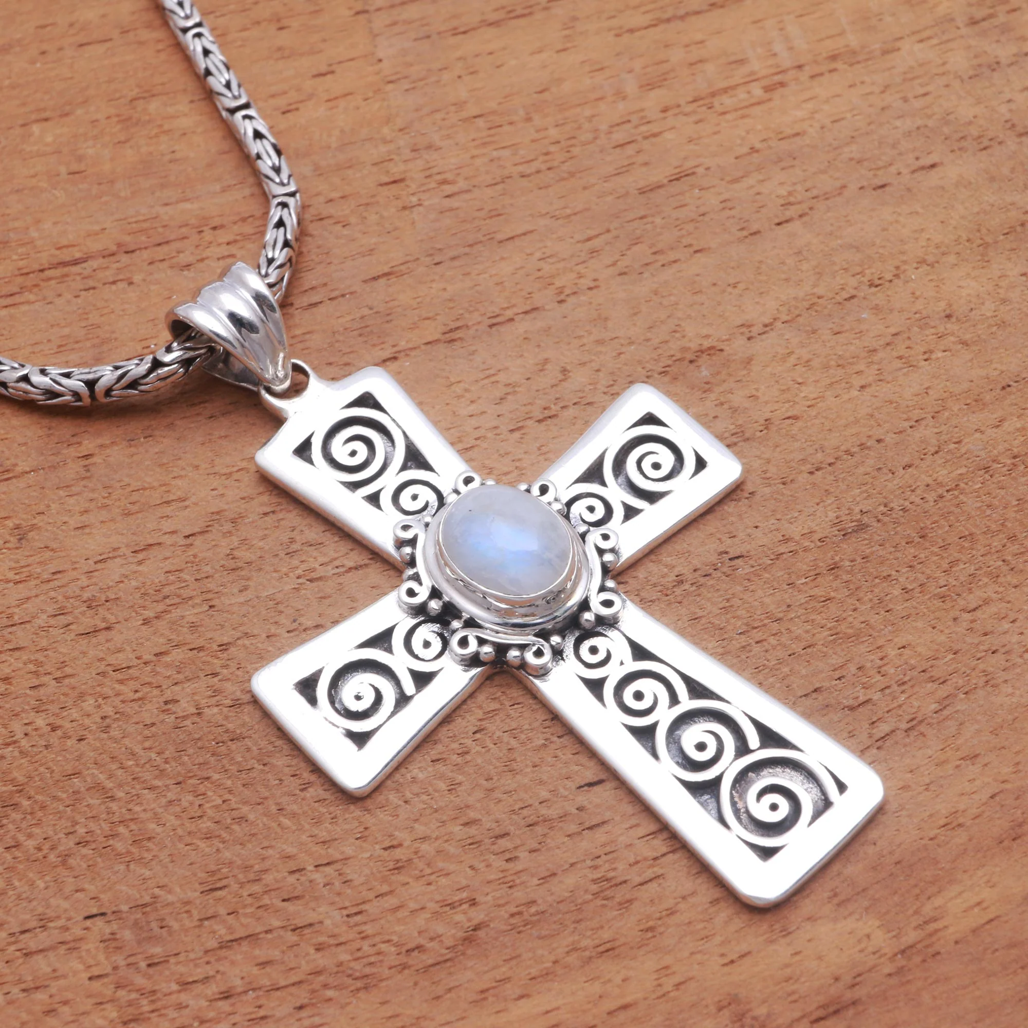 Mesmerizing Faith Rainbow Moonstone Cross Pendant Necklace from Bali - Image 4