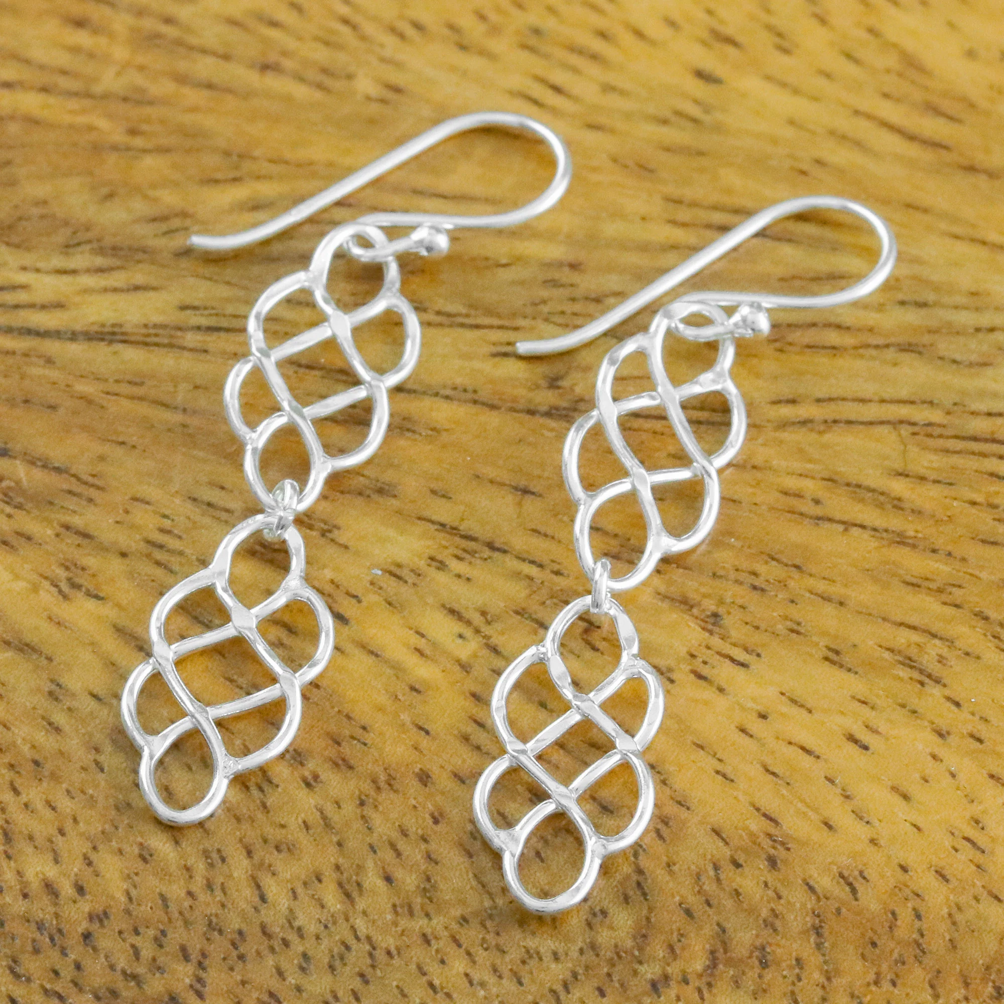 Metallic Lace 925 Sterling Silver Long Dangle Earrings with Hook Ear Wires - Image 3