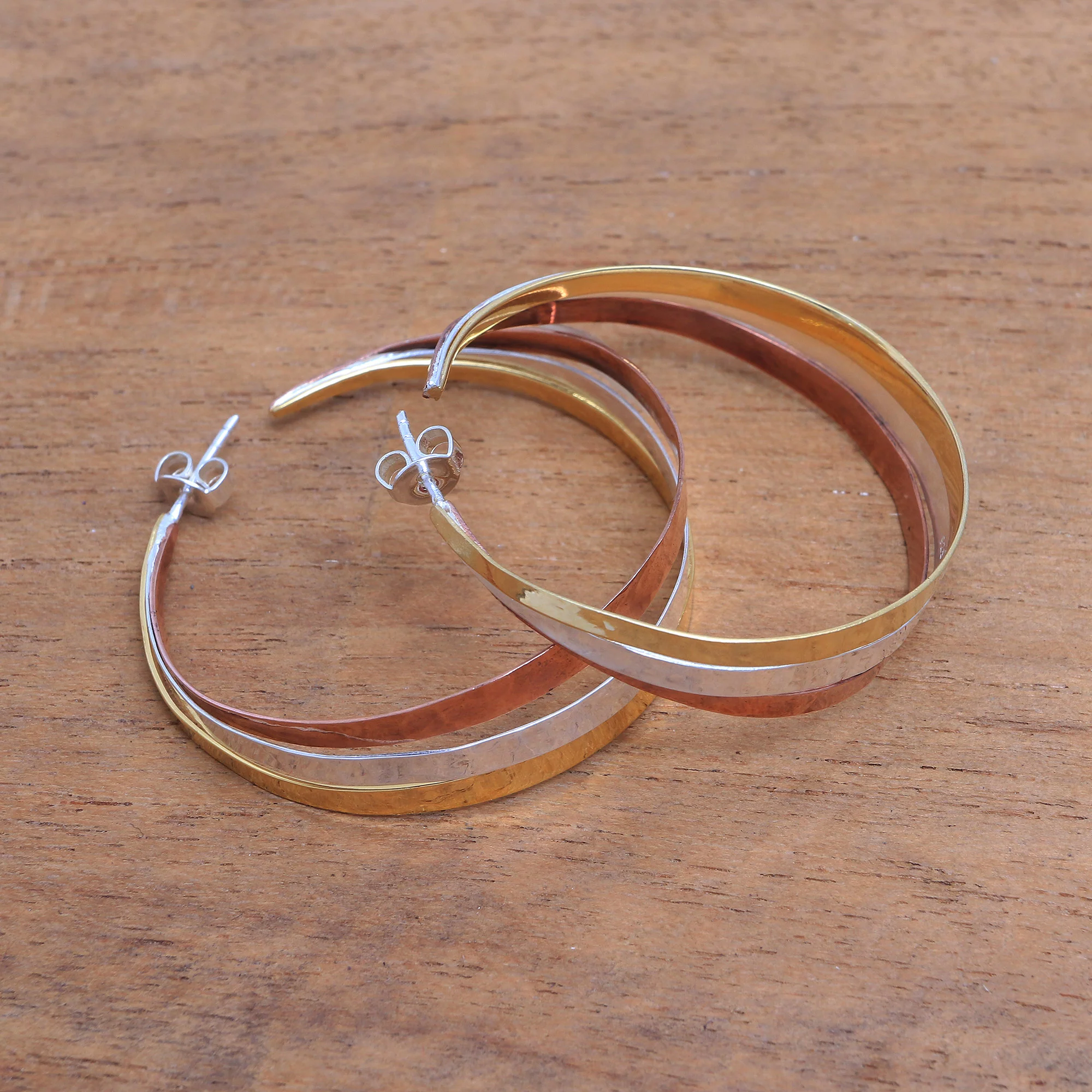 Metallic Rainbow Gold Accent Sterling Silver Half-Hoop Earrings from Bali - Image 3