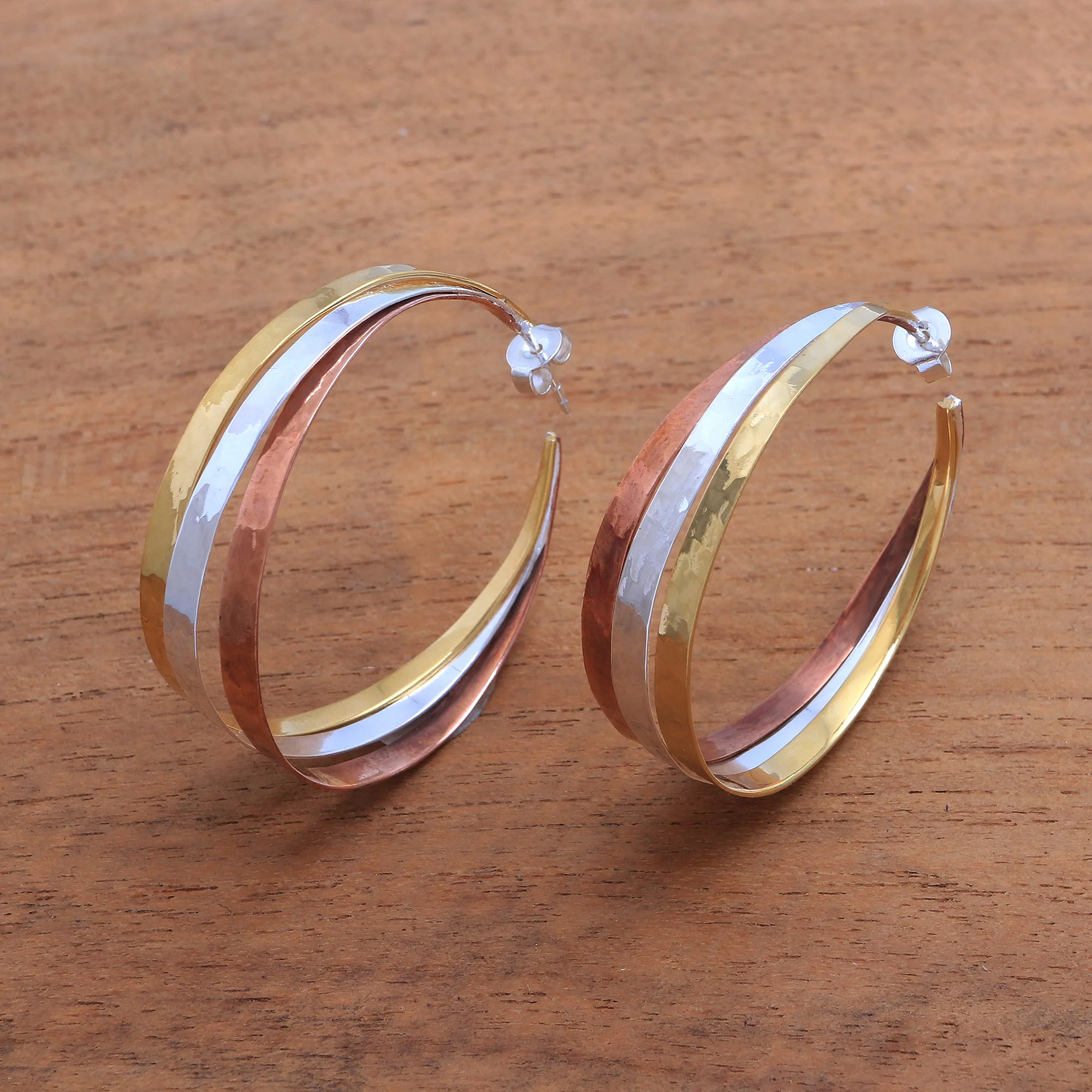 Metallic Rainbow Gold Accent Sterling Silver Half-Hoop Earrings from Bali - Image 4