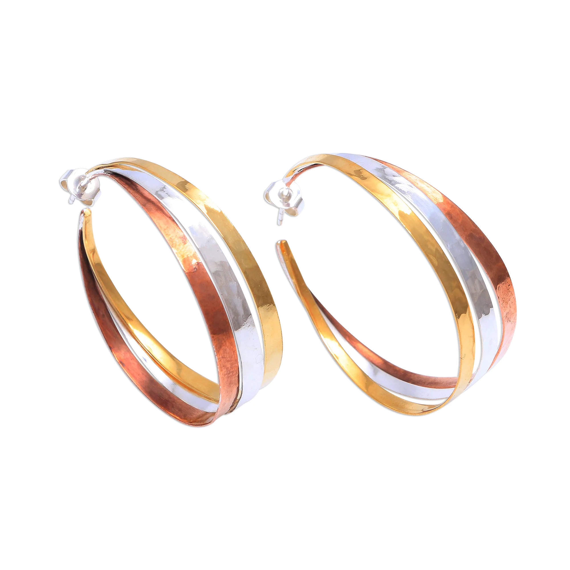 Metallic Rainbow Gold Accent Sterling Silver Half-Hoop Earrings from Bali - Image 5