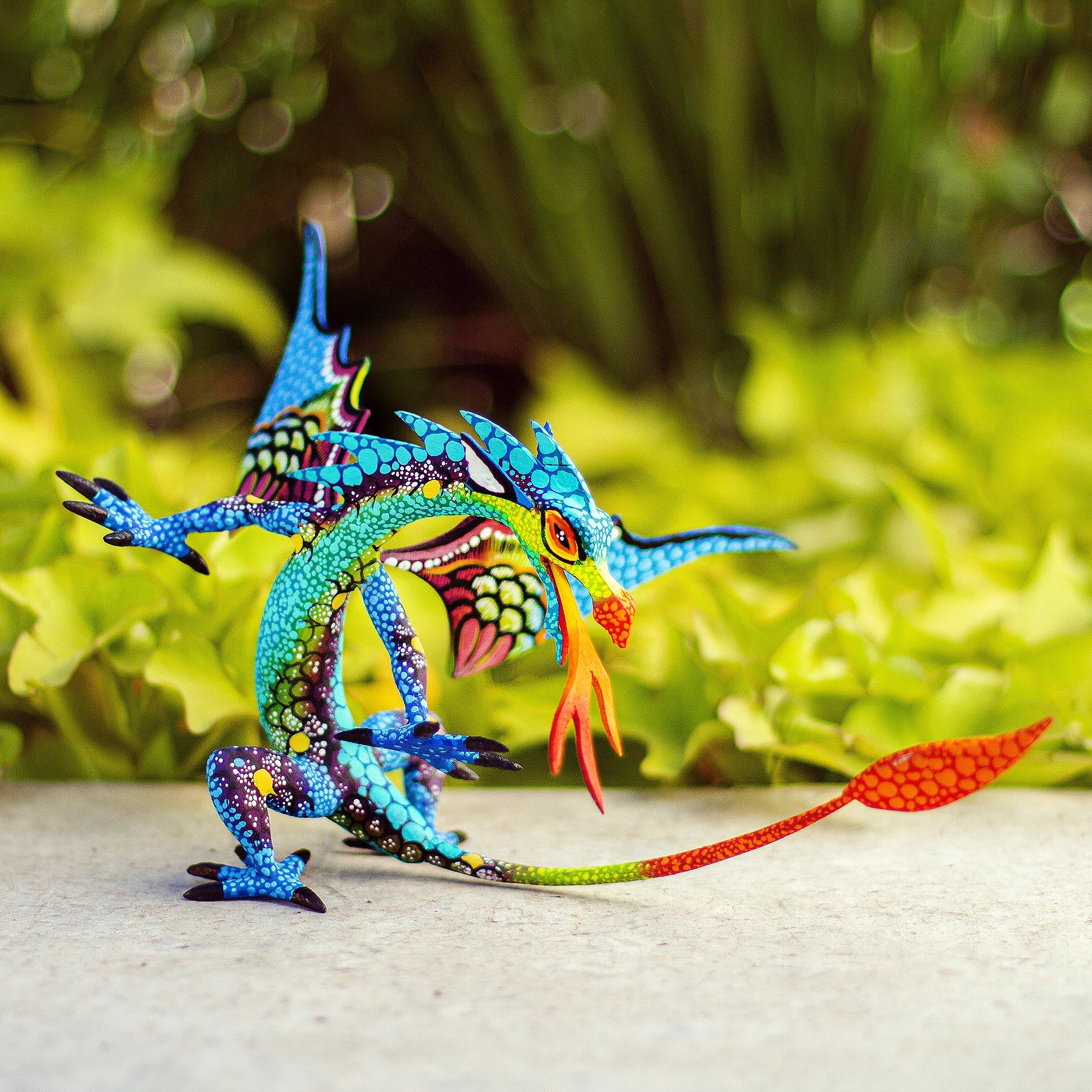 Mexican Dragon in Blue Copal Wood Dragon Alebrije Sculpture in Blue from Mexico