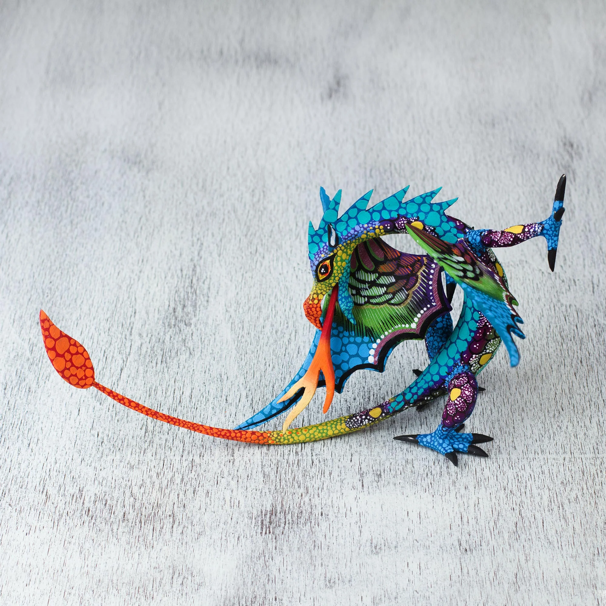 Mexican Dragon in Blue Copal Wood Dragon Alebrije Sculpture in Blue from Mexico - Image 3