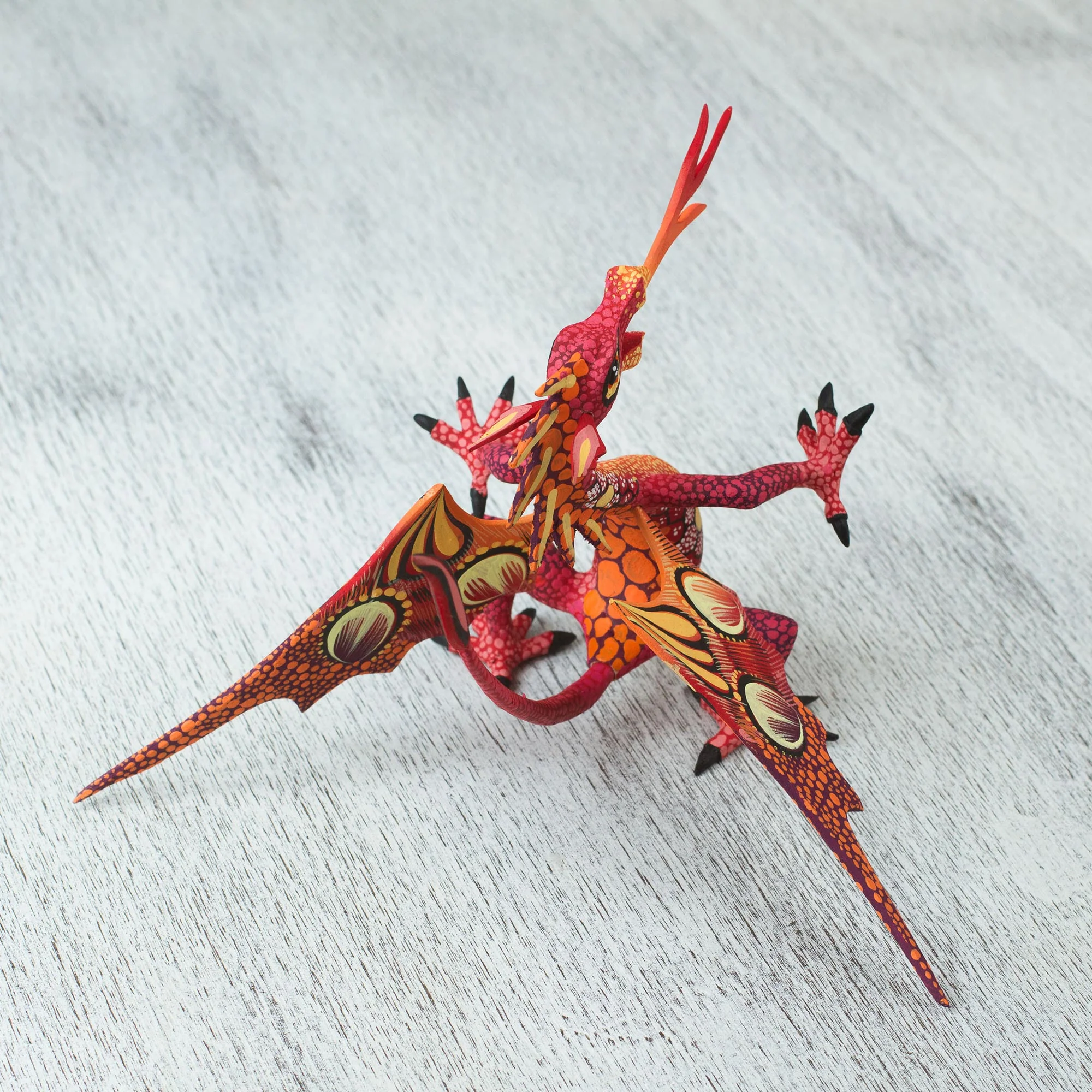 Mexican Dragon in Red Copal Wood Dragon Alebrije Sculpture in Red and Orange - Image 4