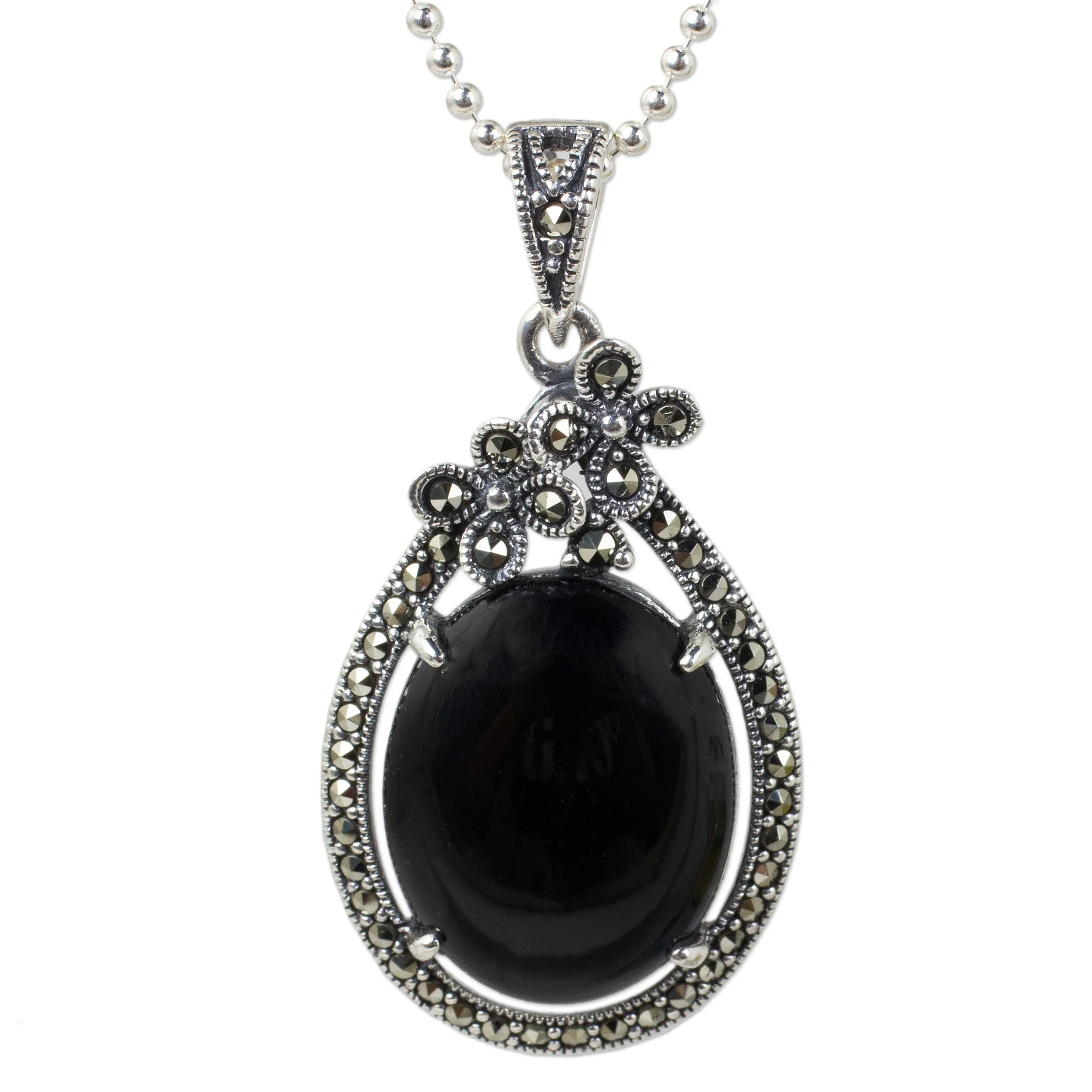 Midnight Daisies Sterling Silver Flower Necklace with Onyx and Marcasite - Image 2