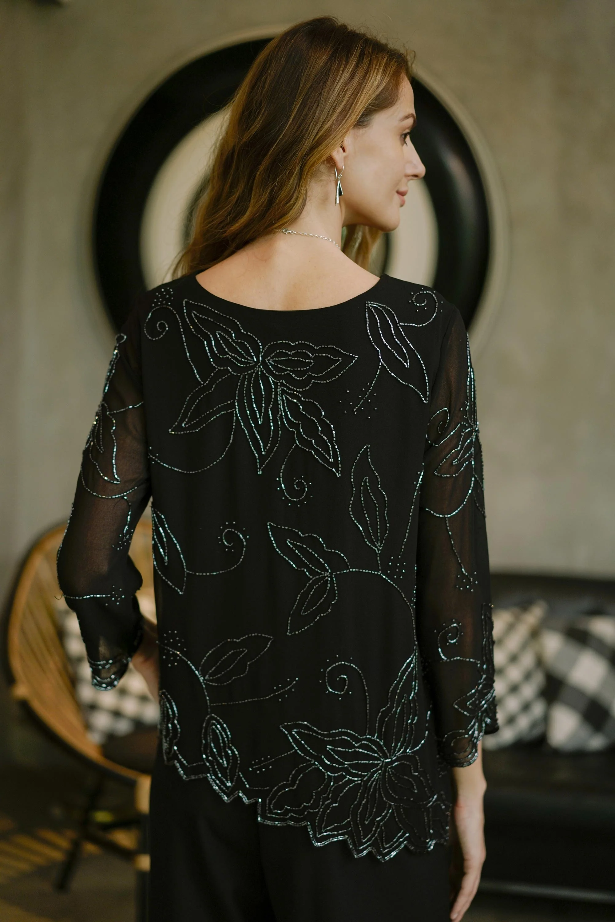 Midnight Diva Black Crepe Georgette Beaded Blouse from India - Image 5