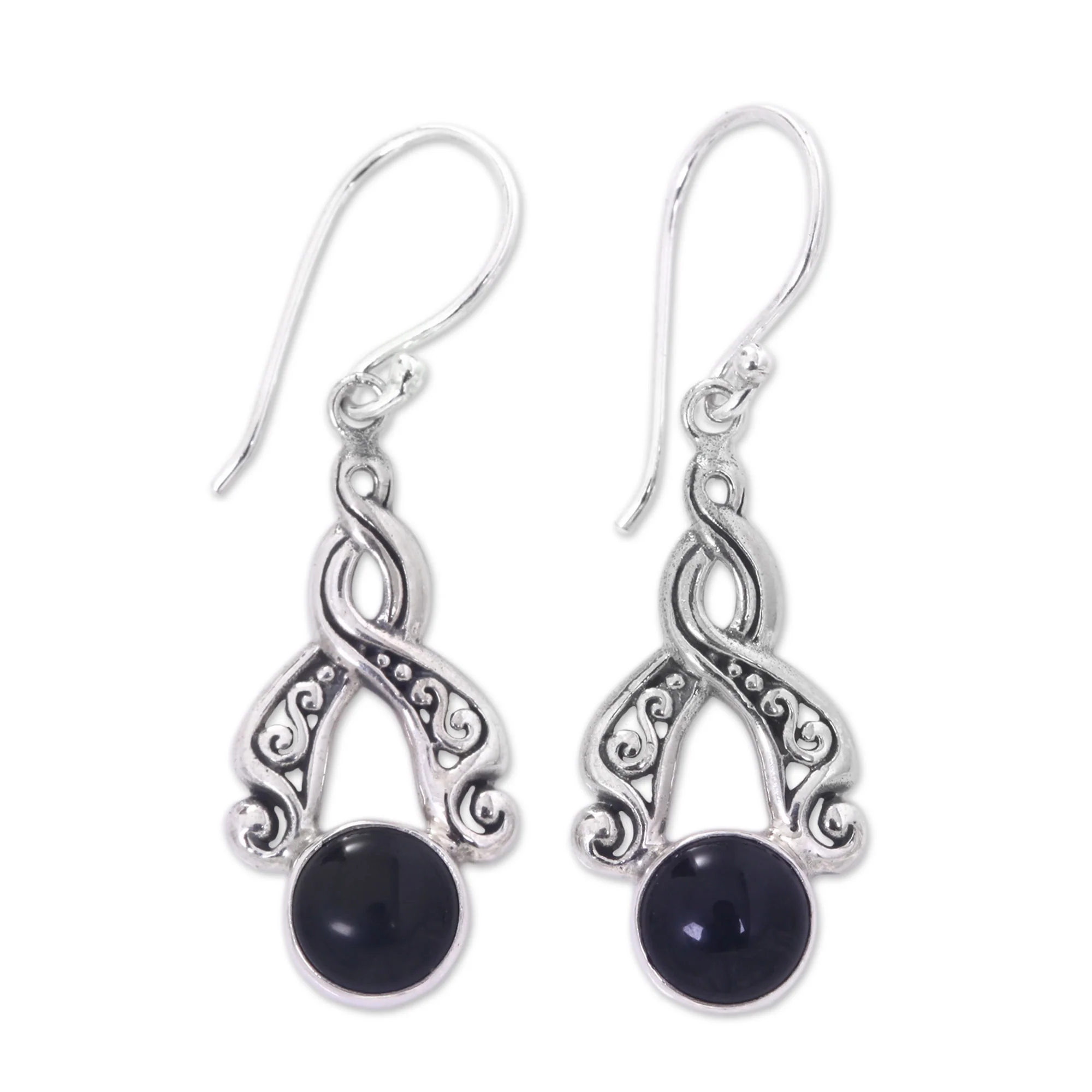 Midnight Embrace Handcrafted Silver and Onyx Dangle Earrings from Bali - Image 2