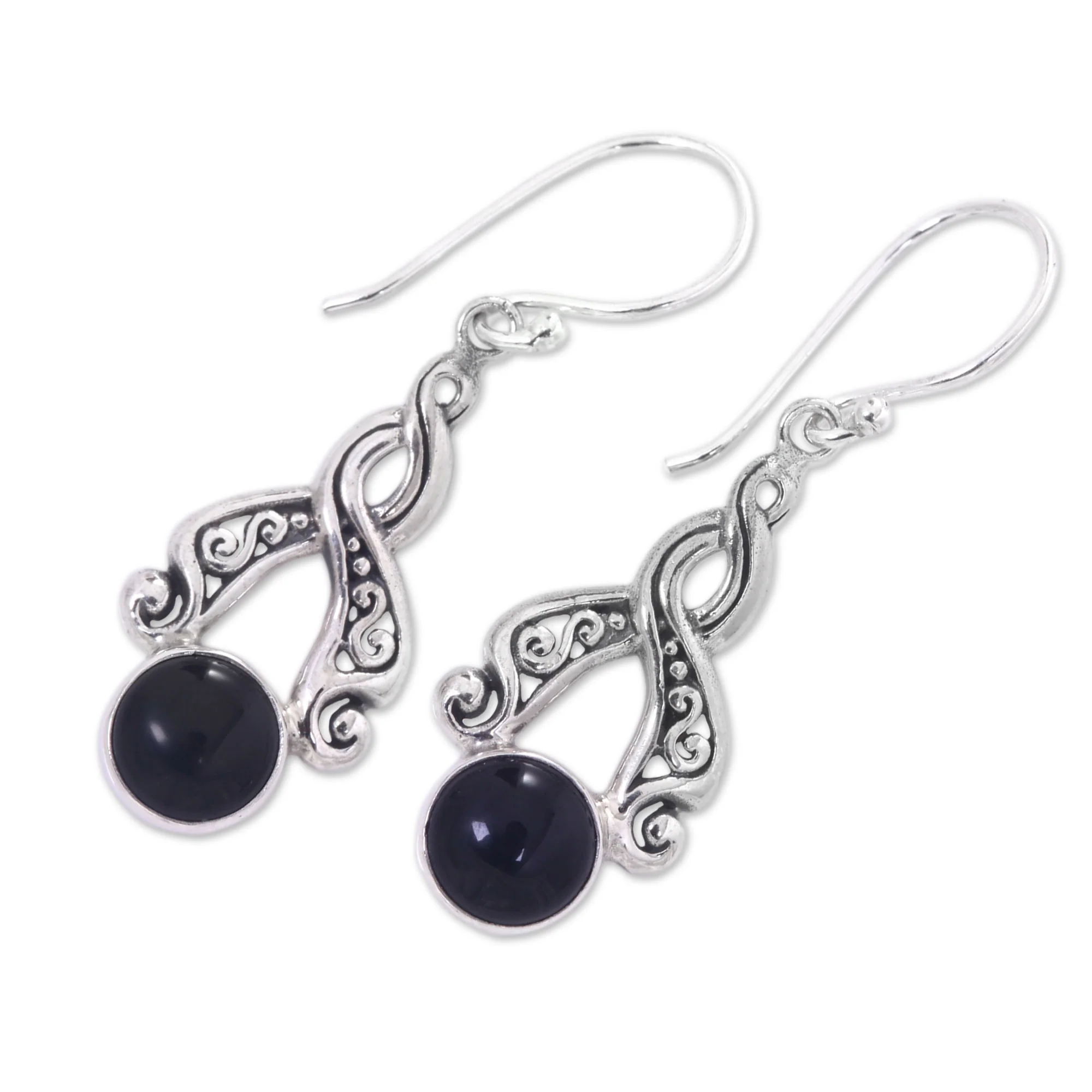 Midnight Embrace Handcrafted Silver and Onyx Dangle Earrings from Bali - Image 3