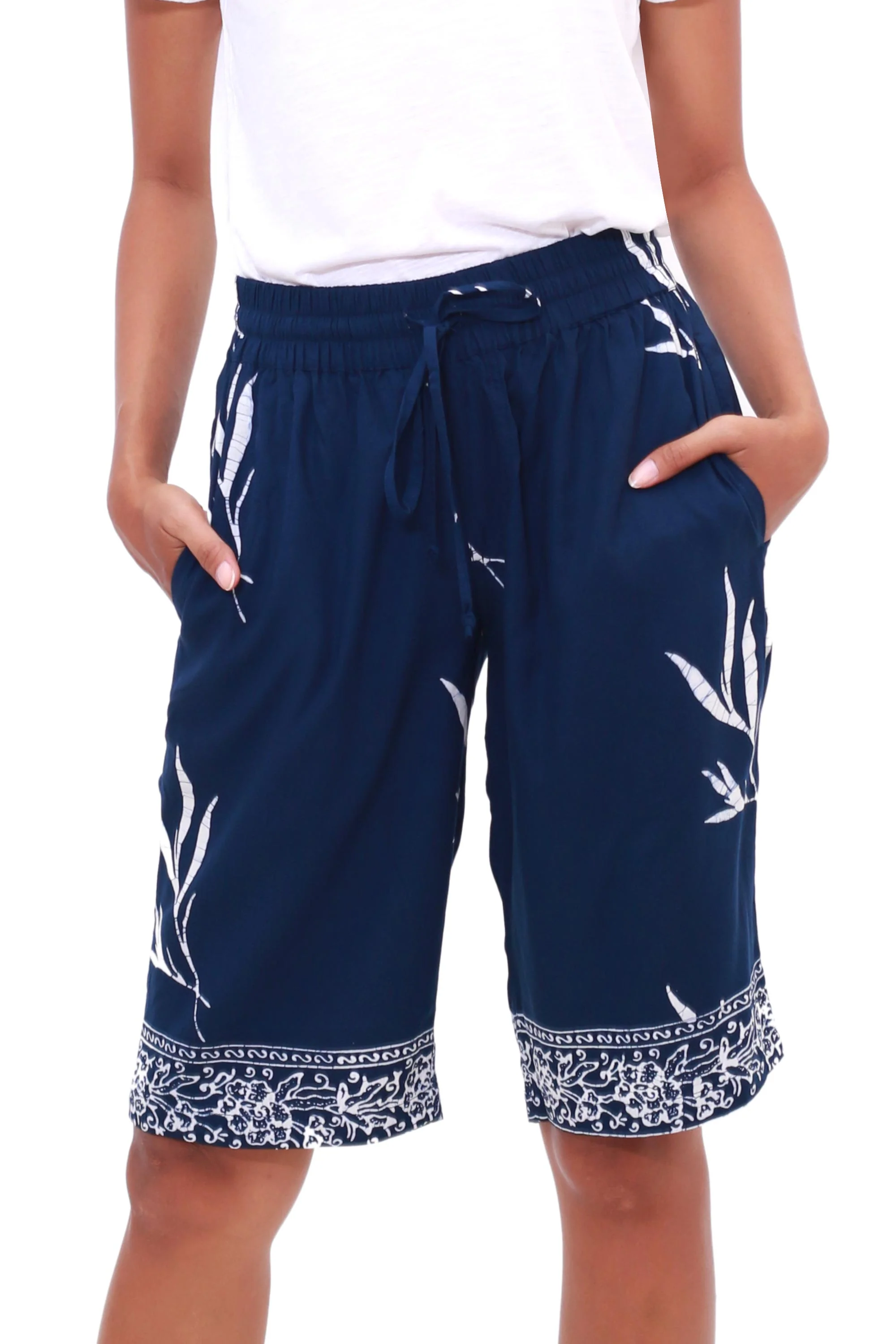 Midnight Fall Batik Rayon Shorts in Midnight and White from Bali - Image 2
