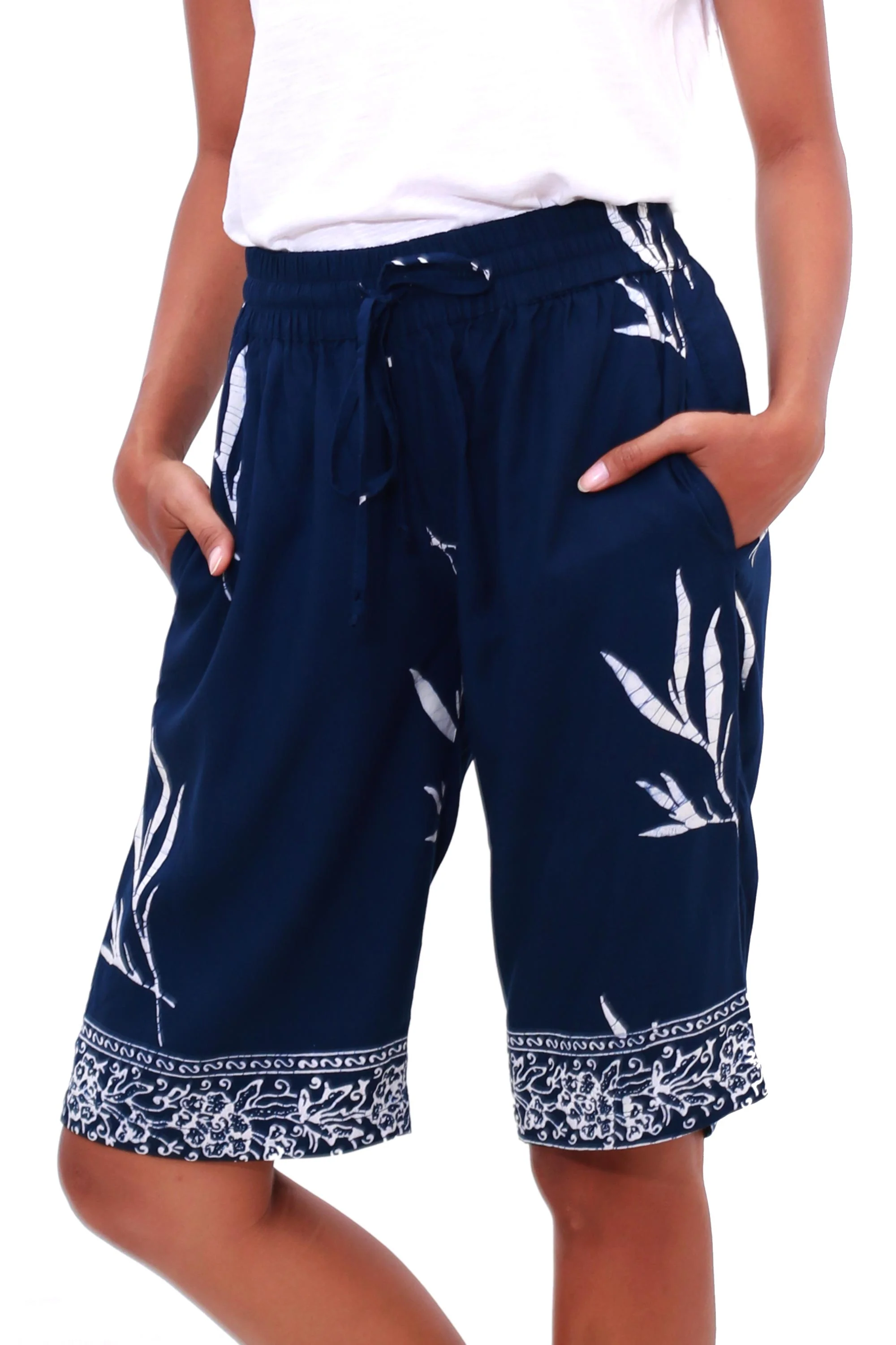 Midnight Fall Batik Rayon Shorts in Midnight and White from Bali - Image 4