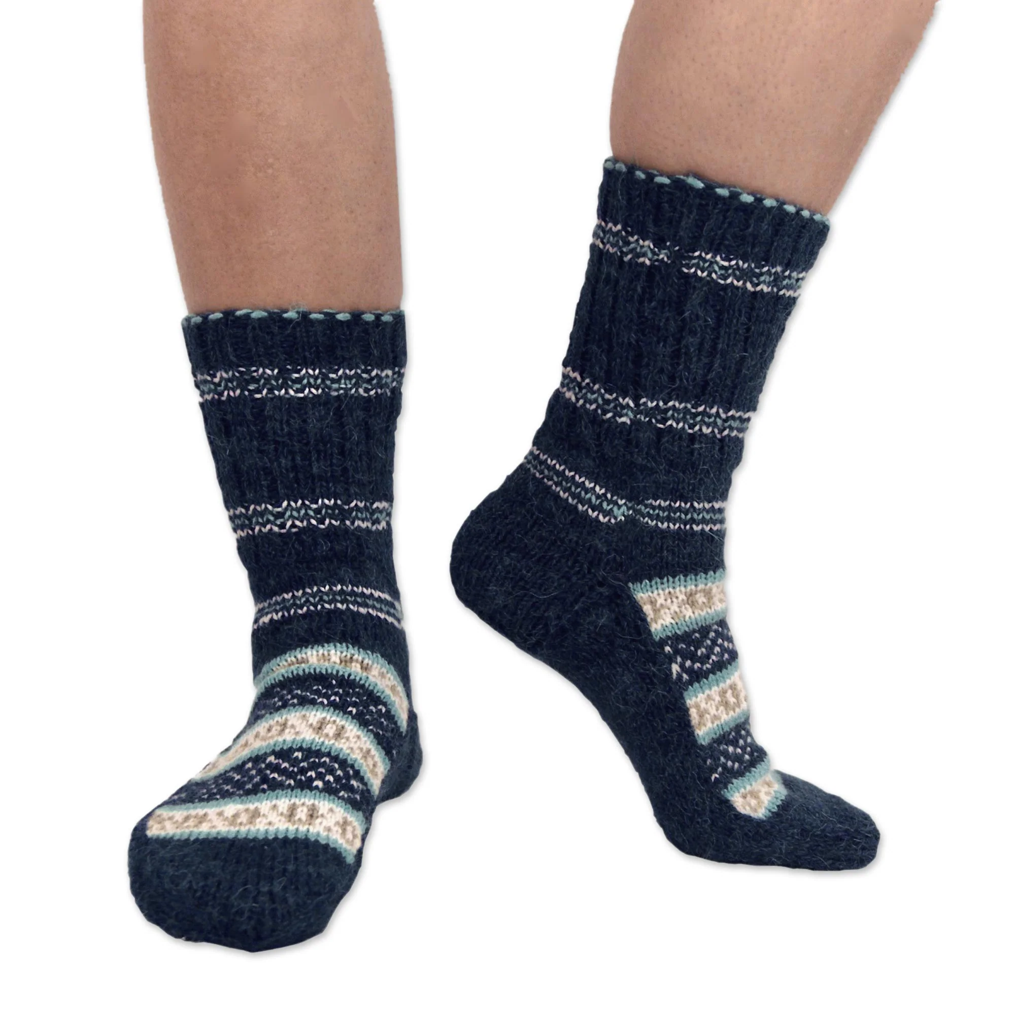 Midnight Frost Hand-Knit Midnight Blue Thick Slipper Style Socks from India - Image 2