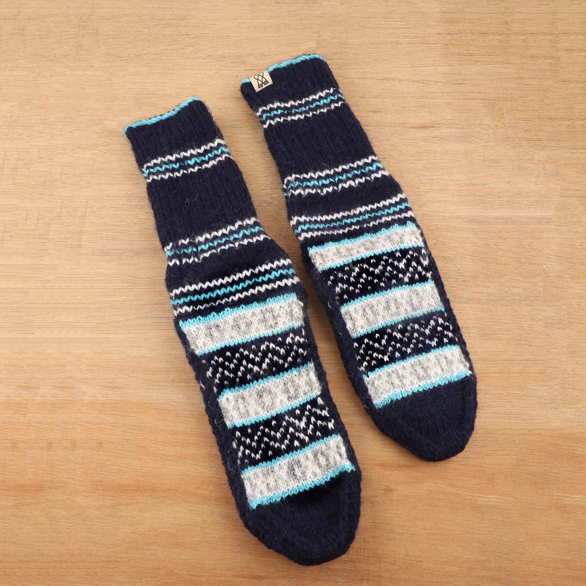 Midnight Frost Hand-Knit Midnight Blue Thick Slipper Style Socks from India - Image 3