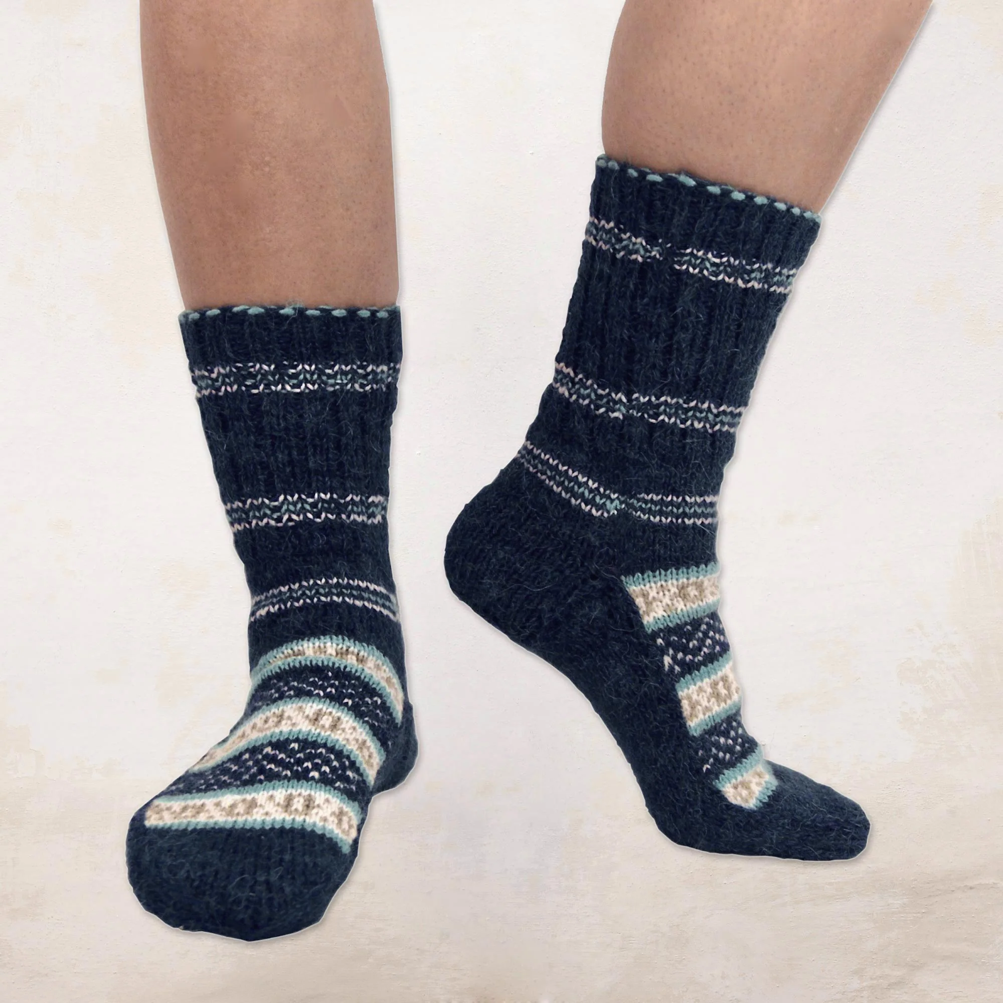 Midnight Frost Hand-Knit Midnight Blue Thick Slipper Style Socks from India - Image 4